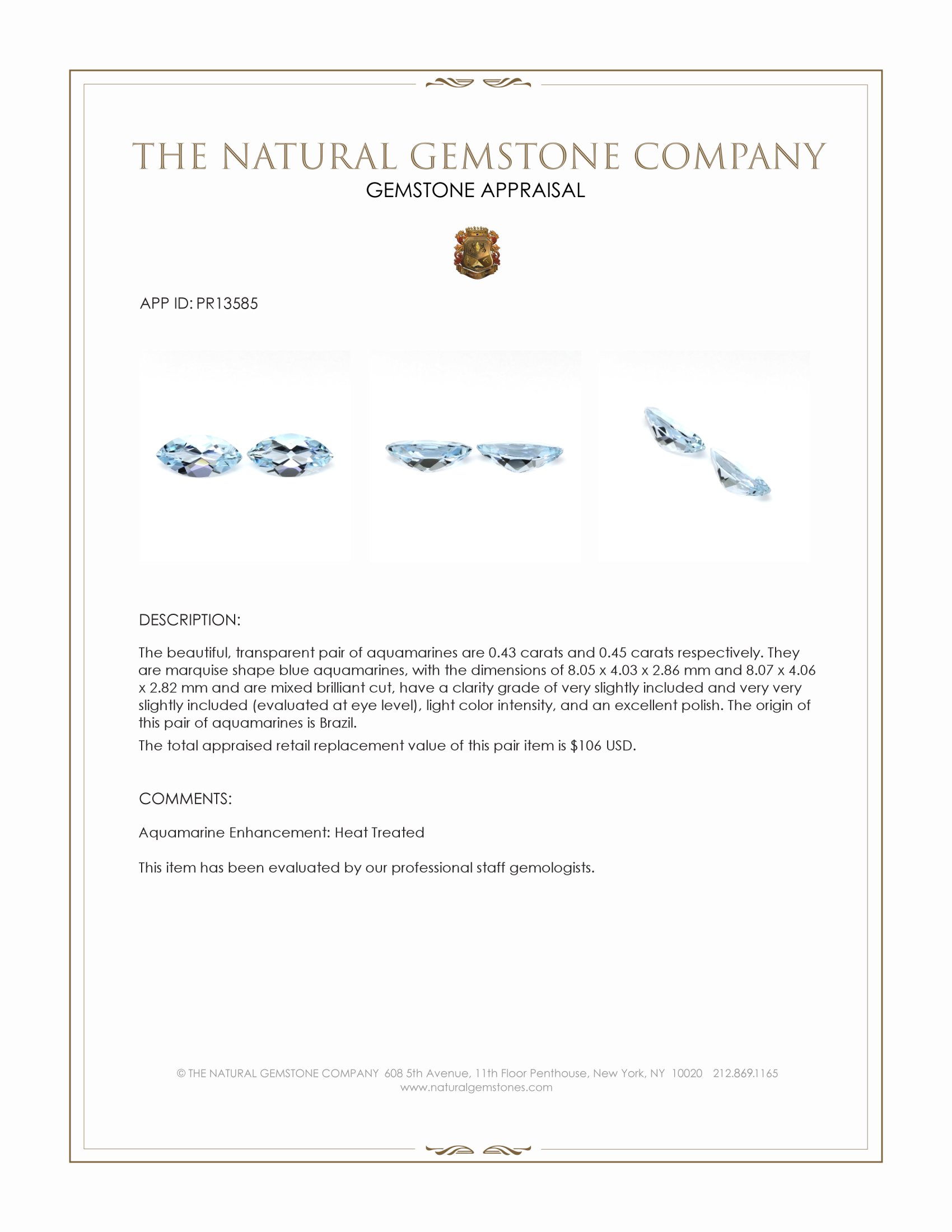 0.88 Ct.Tw. Aquamarine Pair from Brazil