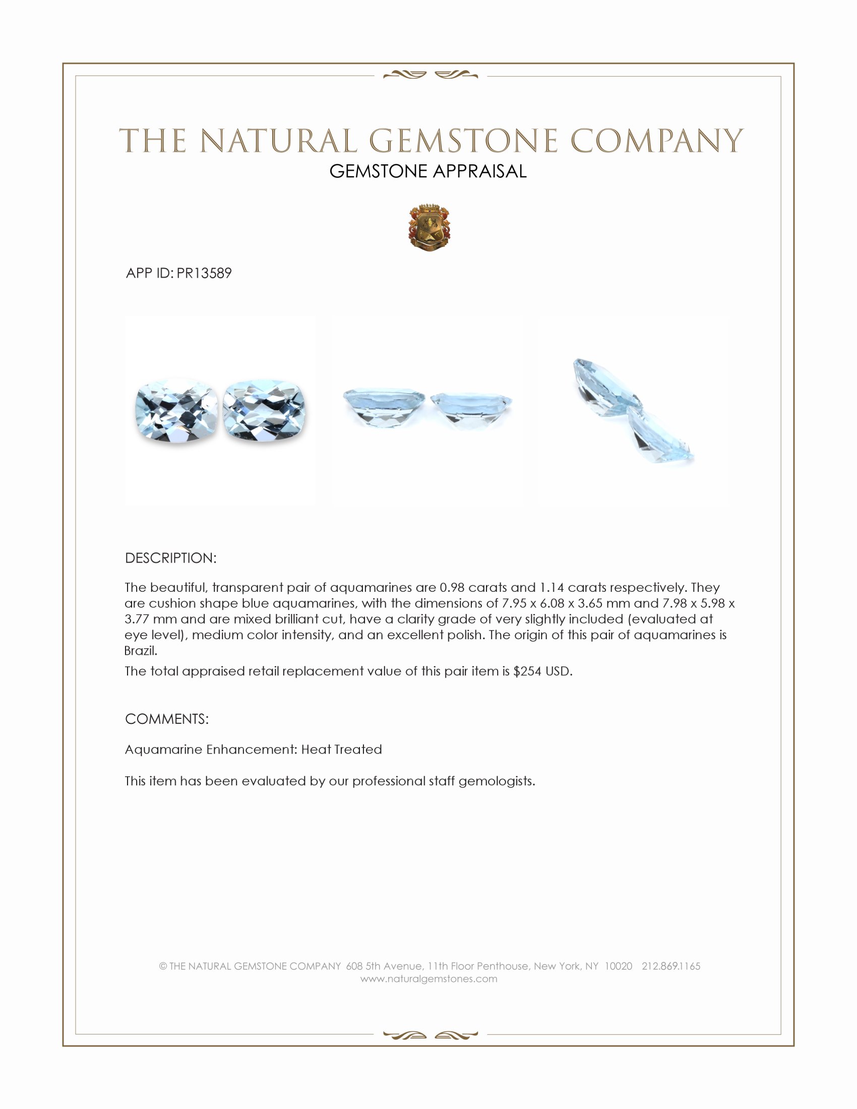 2.12 Ct.Tw. Aquamarine Pair from Brazil