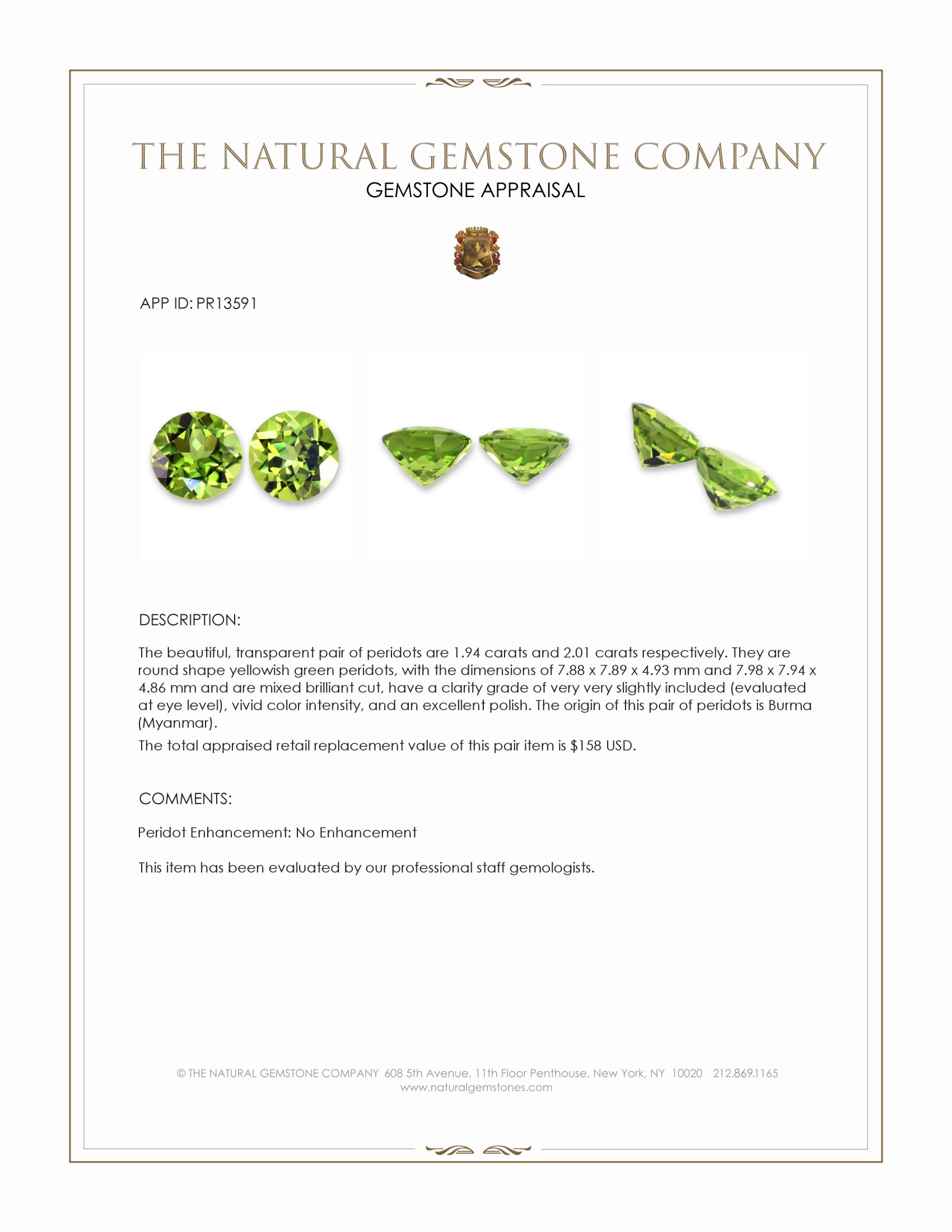 3.95 Ct.Tw. Yellowish Green Peridot Pair from Burma (Myanmar)