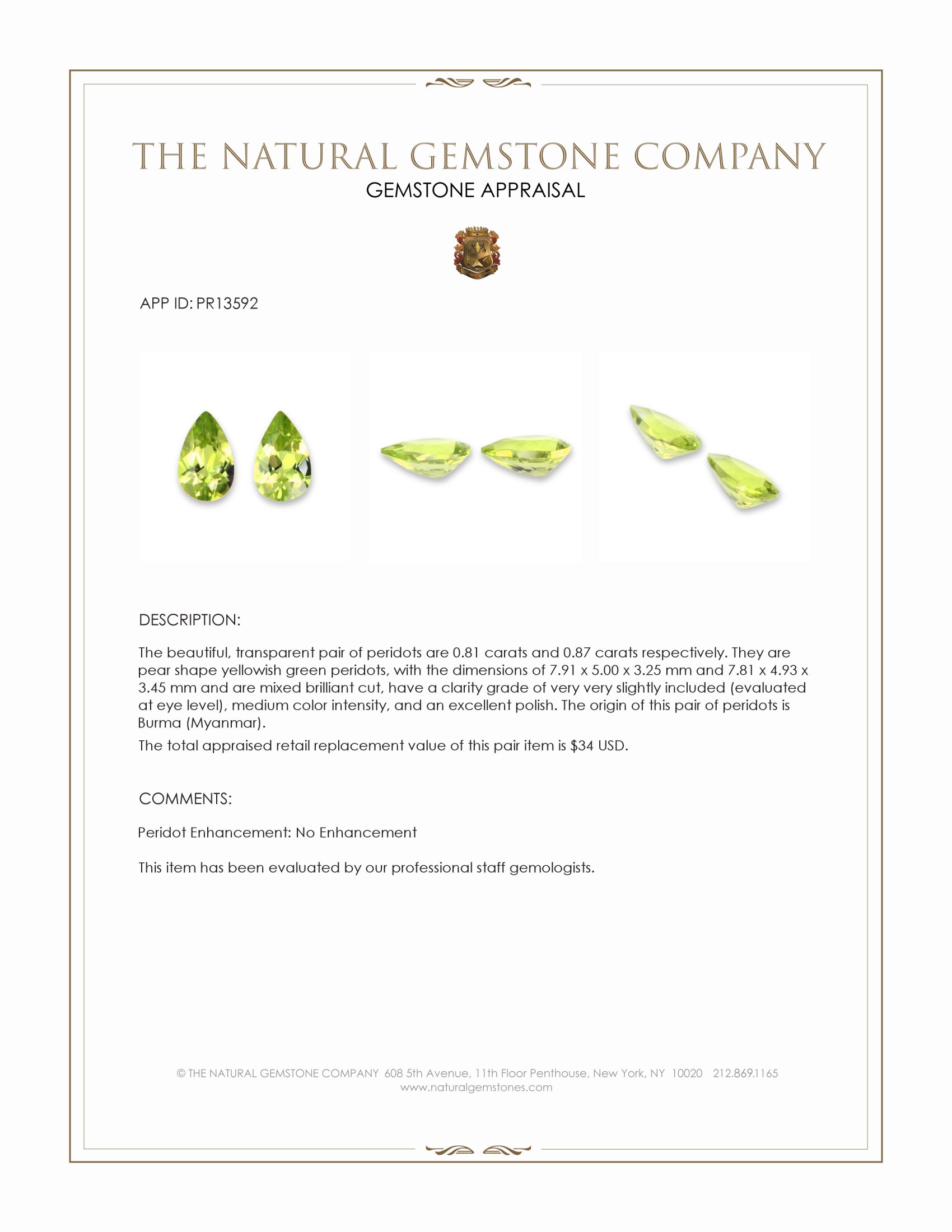 1.68 Ct.Tw. Yellowish Green Peridot Pair from Burma (Myanmar)