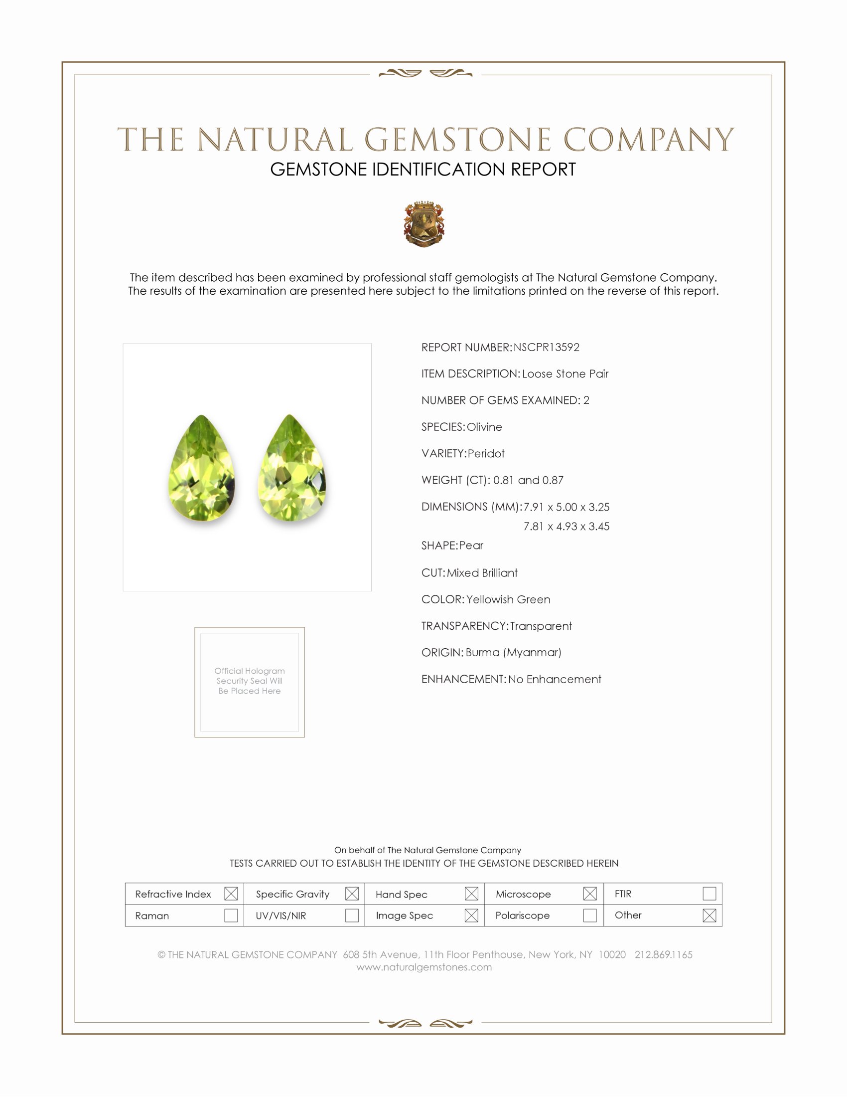 1.68 Ct.Tw. Yellowish Green Peridot Pair from Burma (Myanmar)