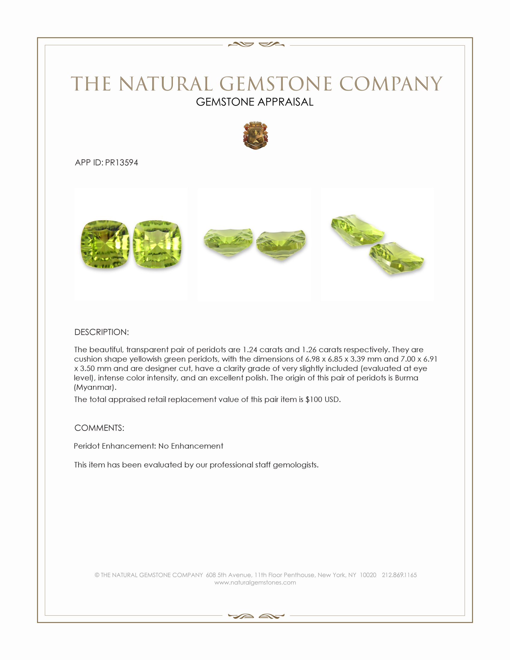2.50 Ct.Tw. Yellowish Green Peridot Pair from Burma (Myanmar)