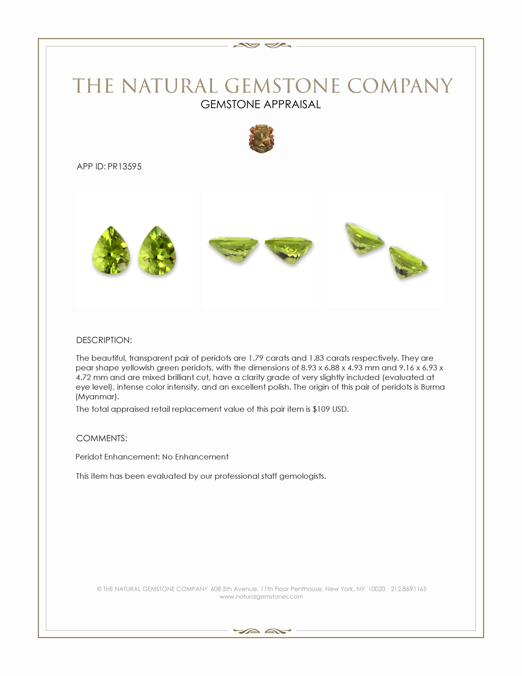 3.62 Ct.Tw. Yellowish Green Peridot Pair from Burma (Myanmar)