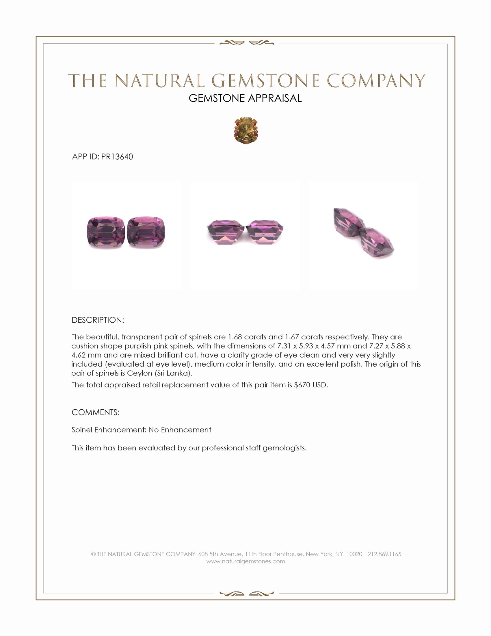 3.35 Ct.Tw. Purplish Pink Spinel Pair from Ceylon (Sri Lanka)