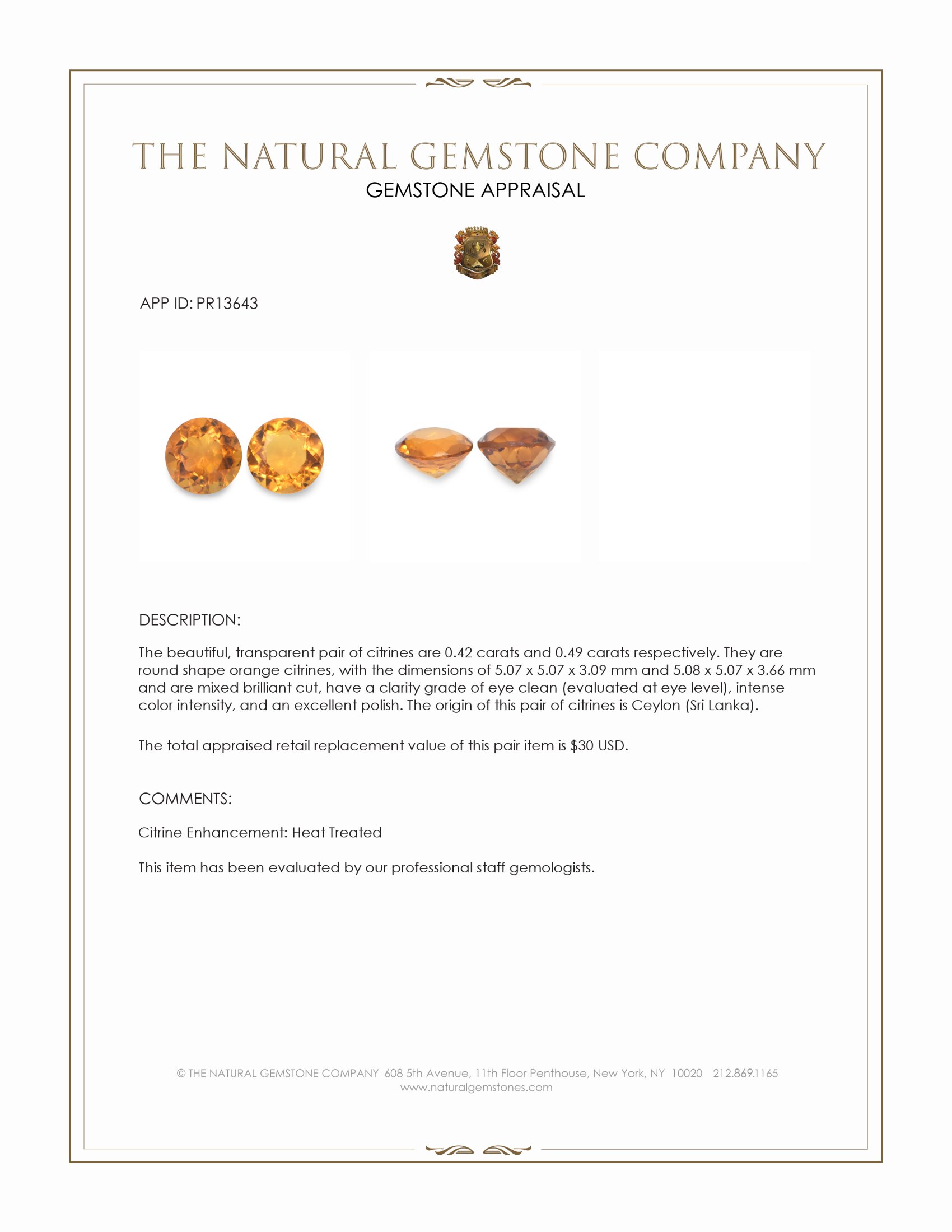 0.91 Ct.Tw. Citrine Pair from Ceylon (Sri Lanka)