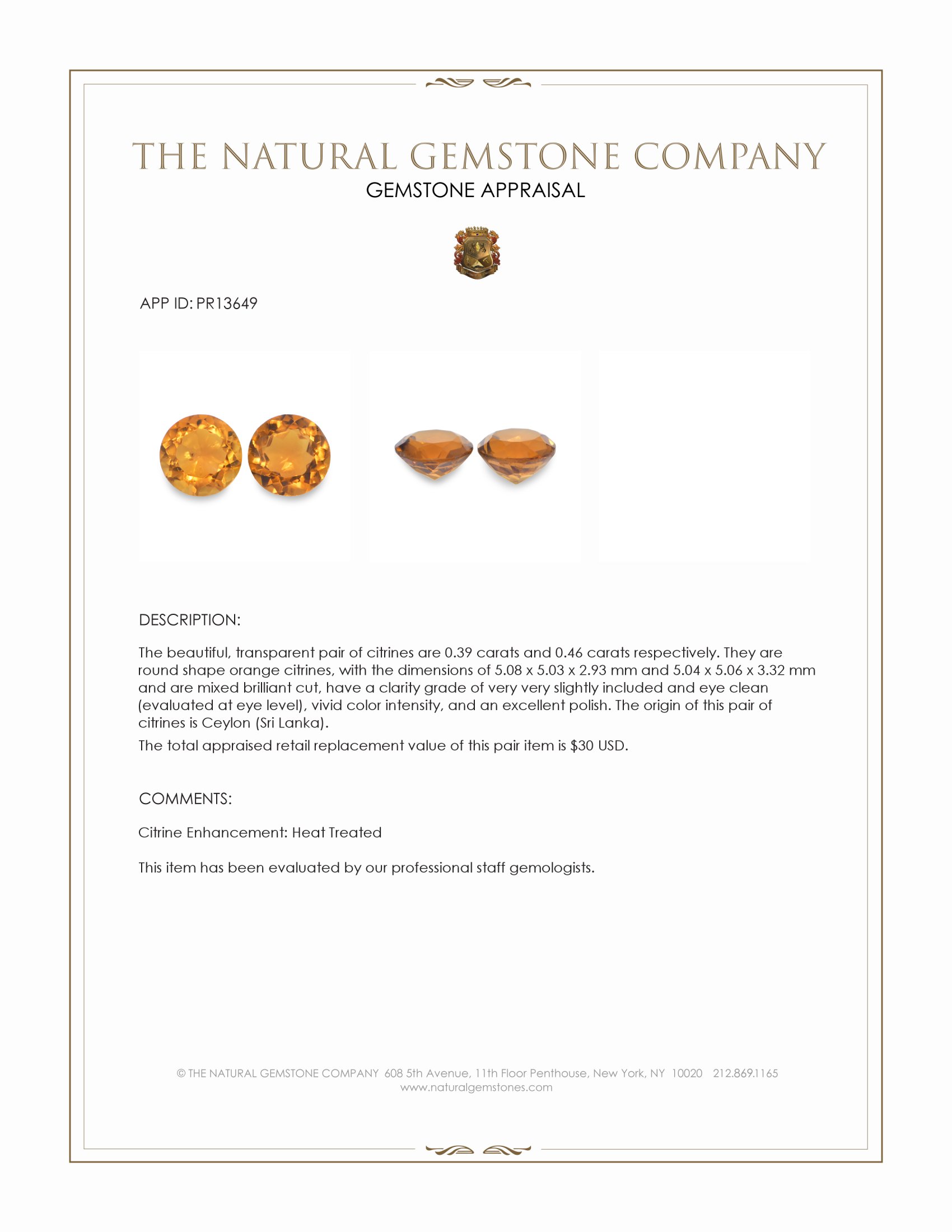 0.85 Ct.Tw. Citrine Pair from Ceylon (Sri Lanka)