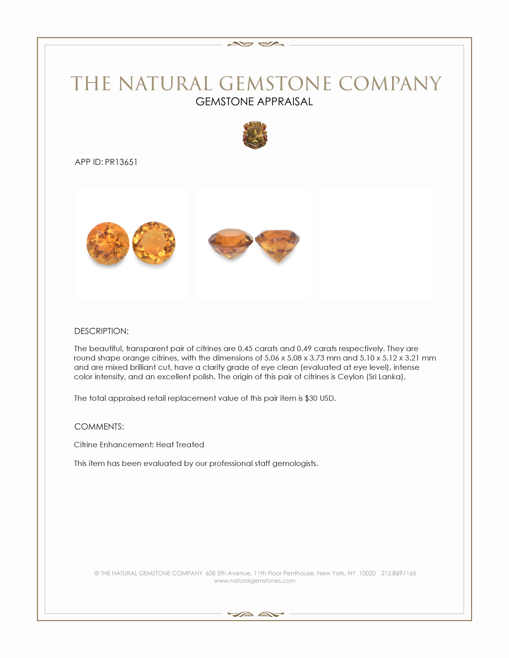 0.94 Ct.Tw. Citrine Pair from Ceylon (Sri Lanka)