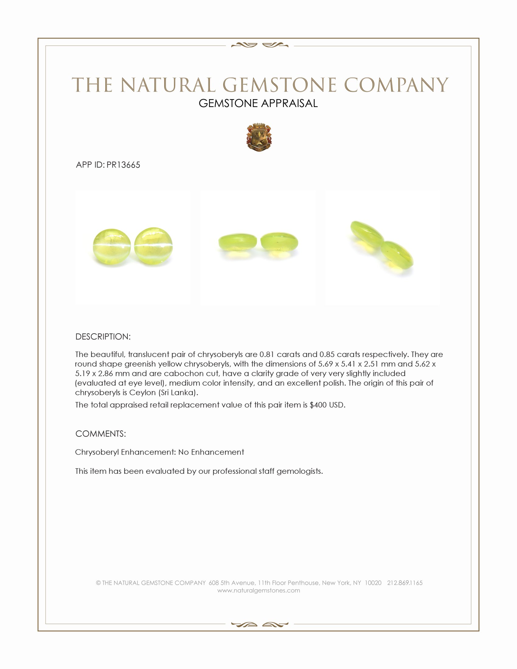 1.66 Ct.Tw. Greenish Yellow Cabochon Chrysoberyl Pair from Ceylon (Sri Lanka)