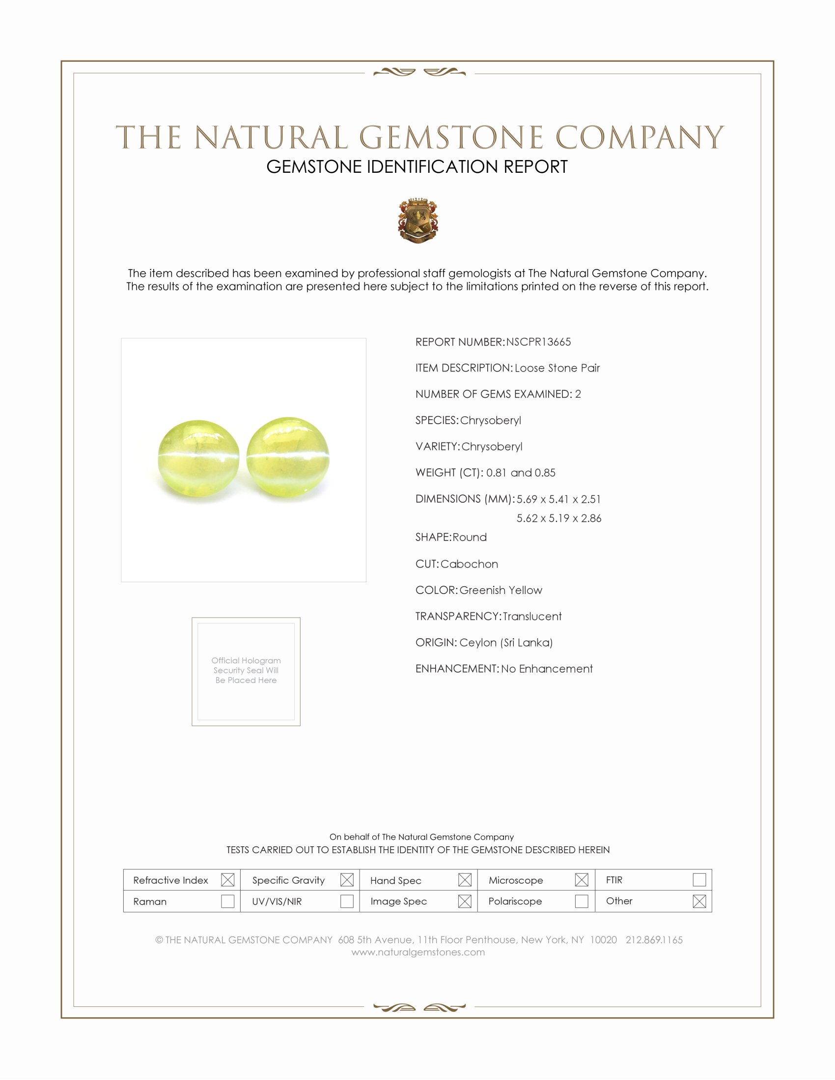 1.66 Ct.Tw. Greenish Yellow Cabochon Chrysoberyl Pair from Ceylon (Sri Lanka)