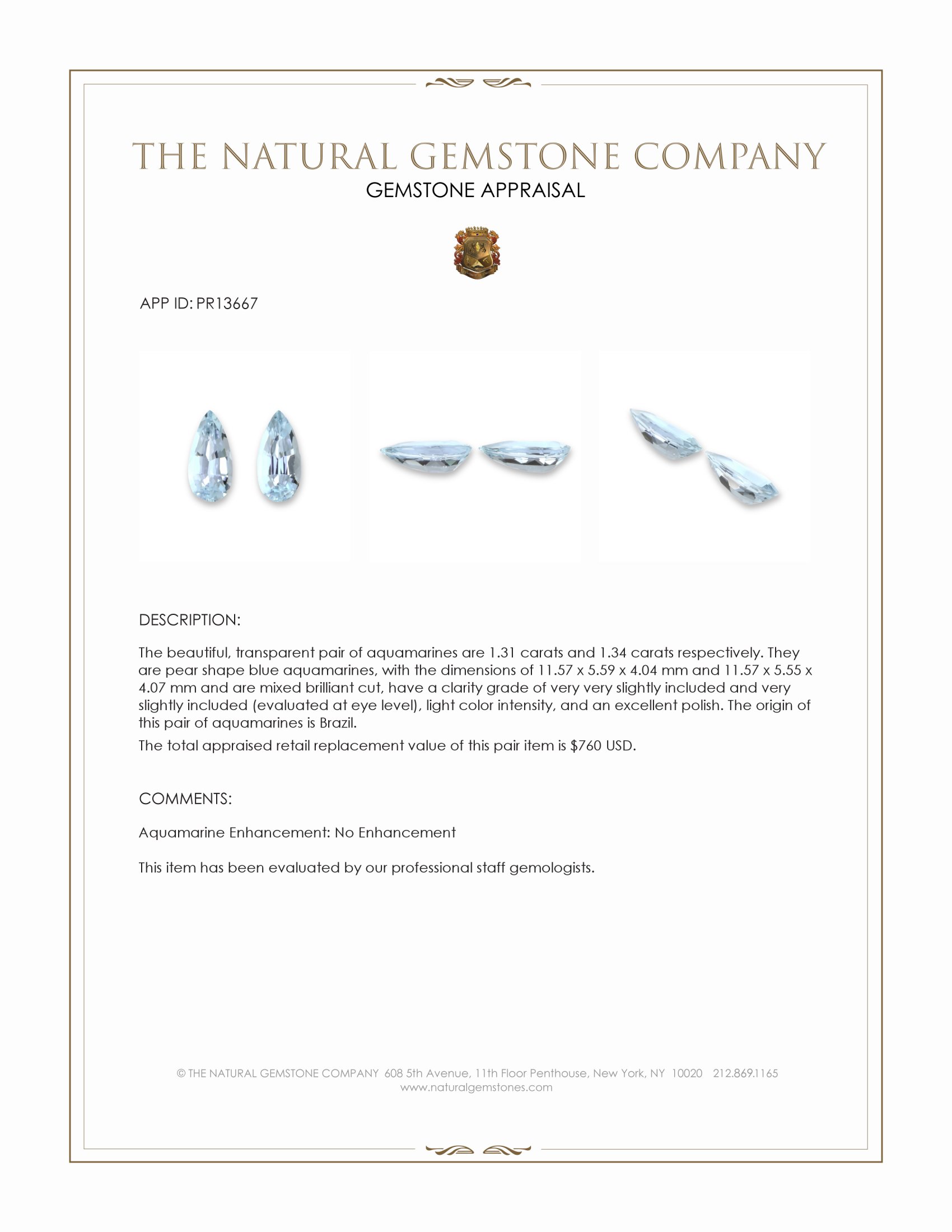 2.65 Ct.Tw. Blue Aquamarine Pair from Brazil