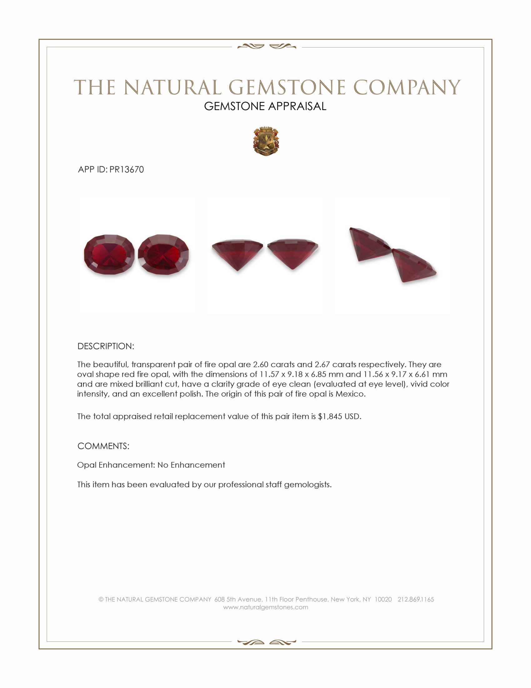 5.27 Ct.Tw. Red Fire Opal (Flame Opal) Pair from Mexico