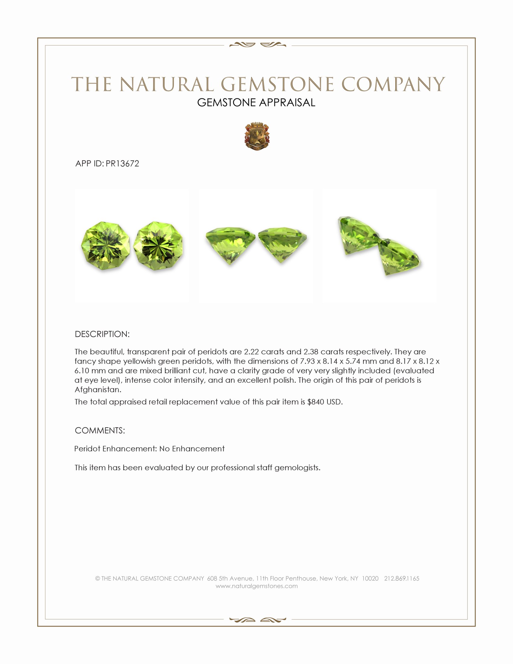 4.60 Ct.Tw. Yellowish Green Peridot Pair from Afghanistan