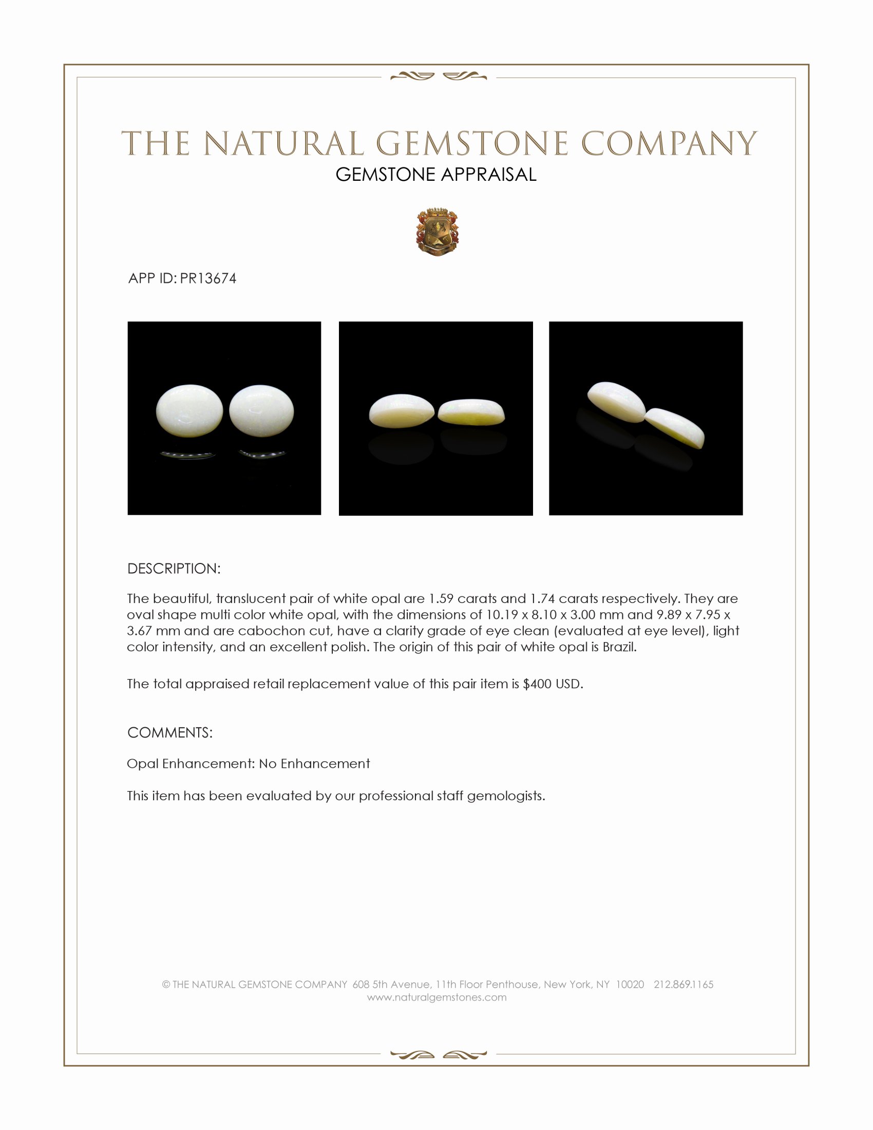 3.33 Ct.Tw. Cabochon Opal Pair from Brazil