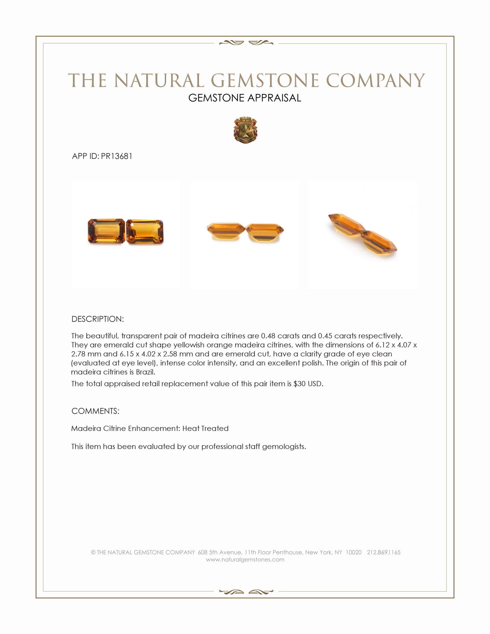 0.93 Ct.Tw. Madeira Citrine Pair from Brazil