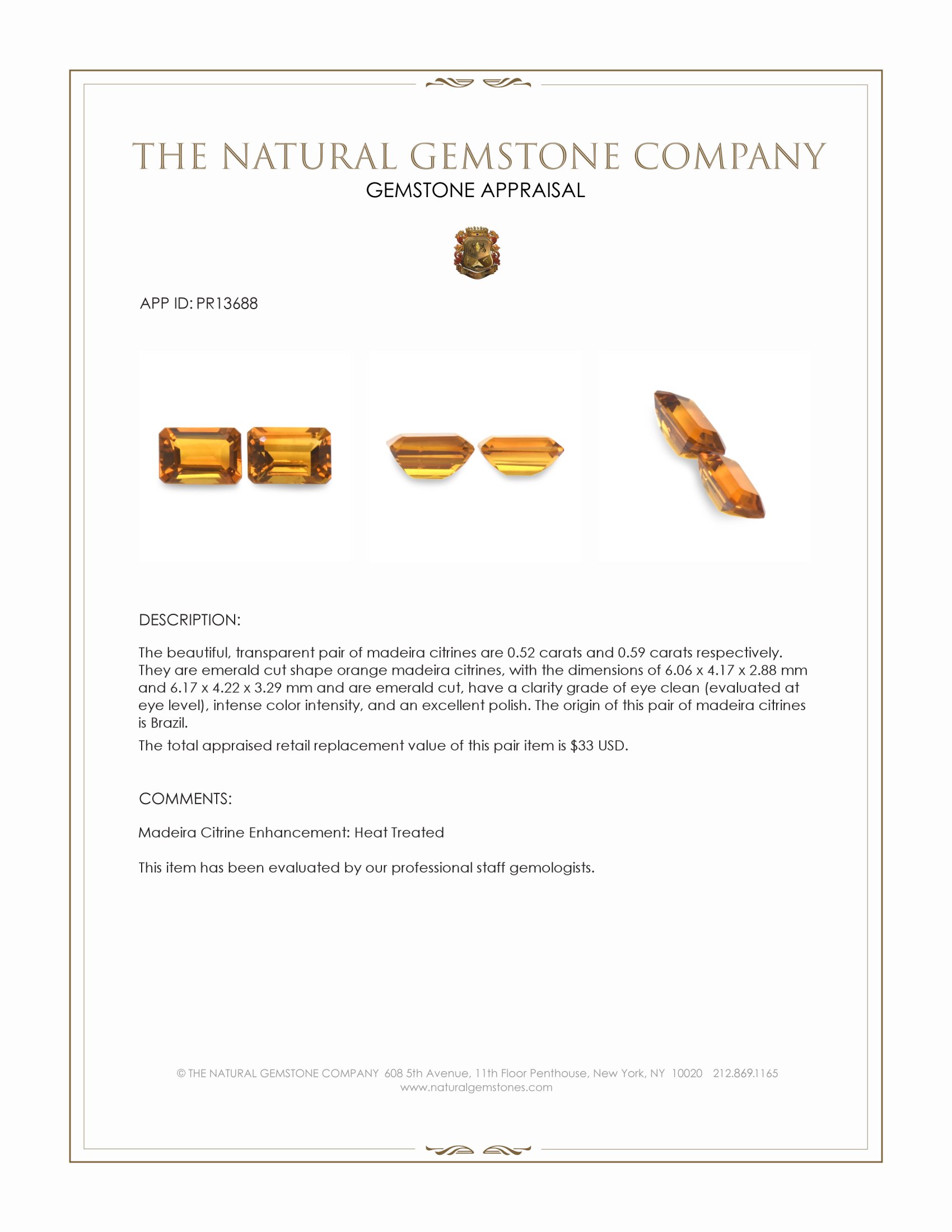 1.11 Ct.Tw. Madeira Citrine Pair from Brazil