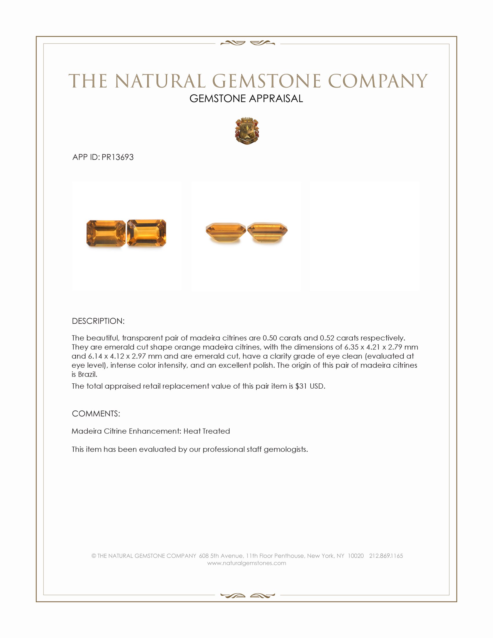 1.02 Ct.Tw. Madeira Citrine Pair from Brazil