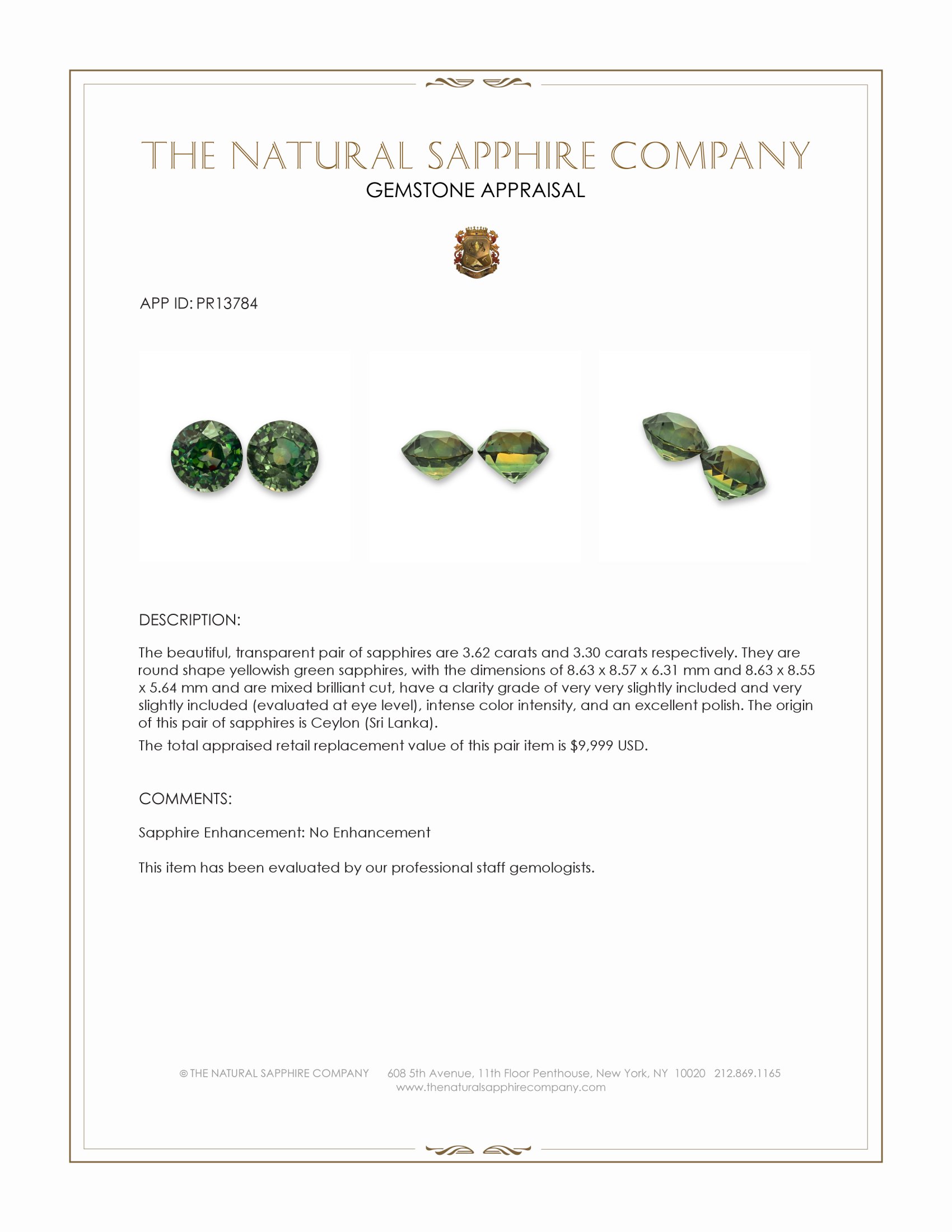 6.92 Ct.Tw. Yellowish Green Sapphire Pair from Ceylon (Sri Lanka)