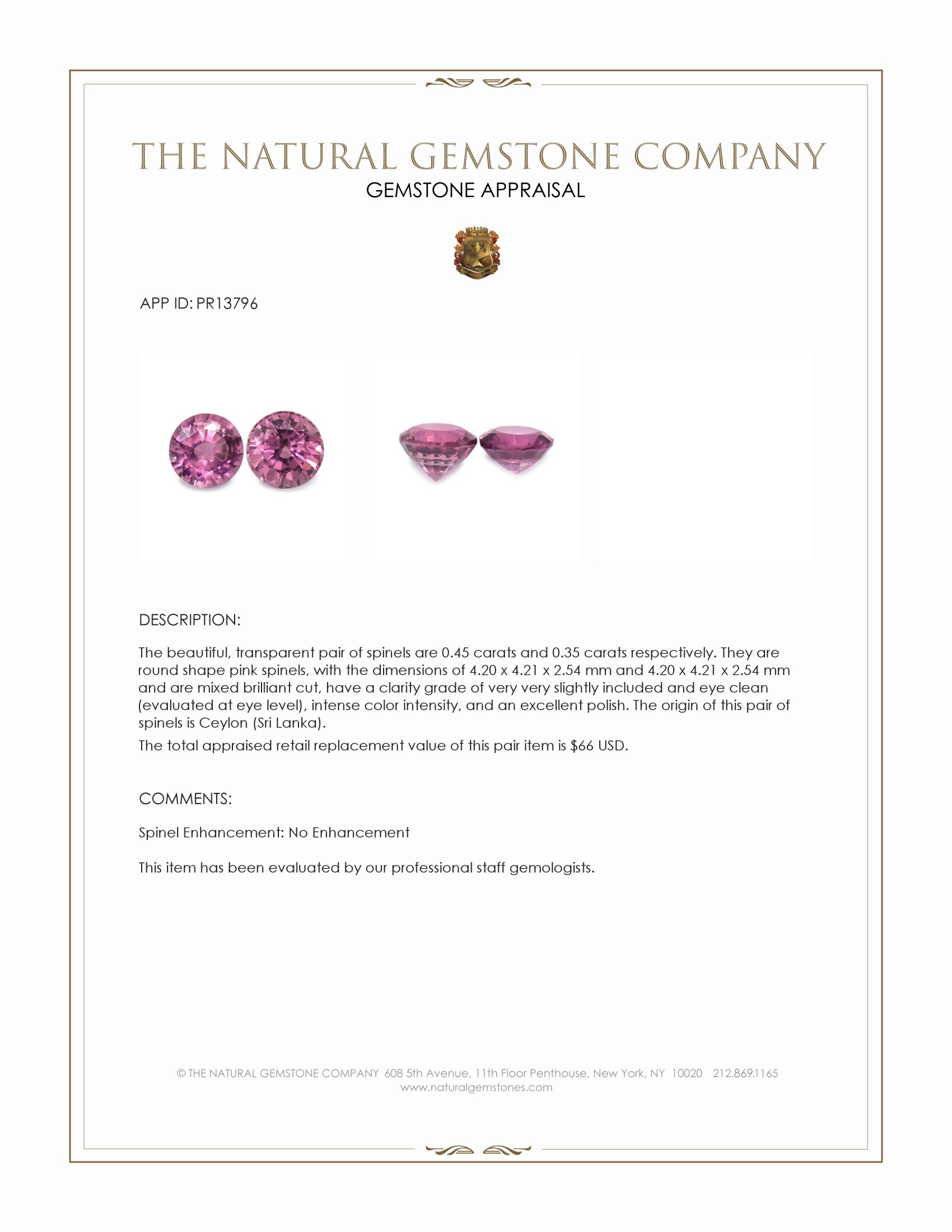 0.80 Ct.Tw. Pink Spinel Pair from Ceylon (Sri Lanka)