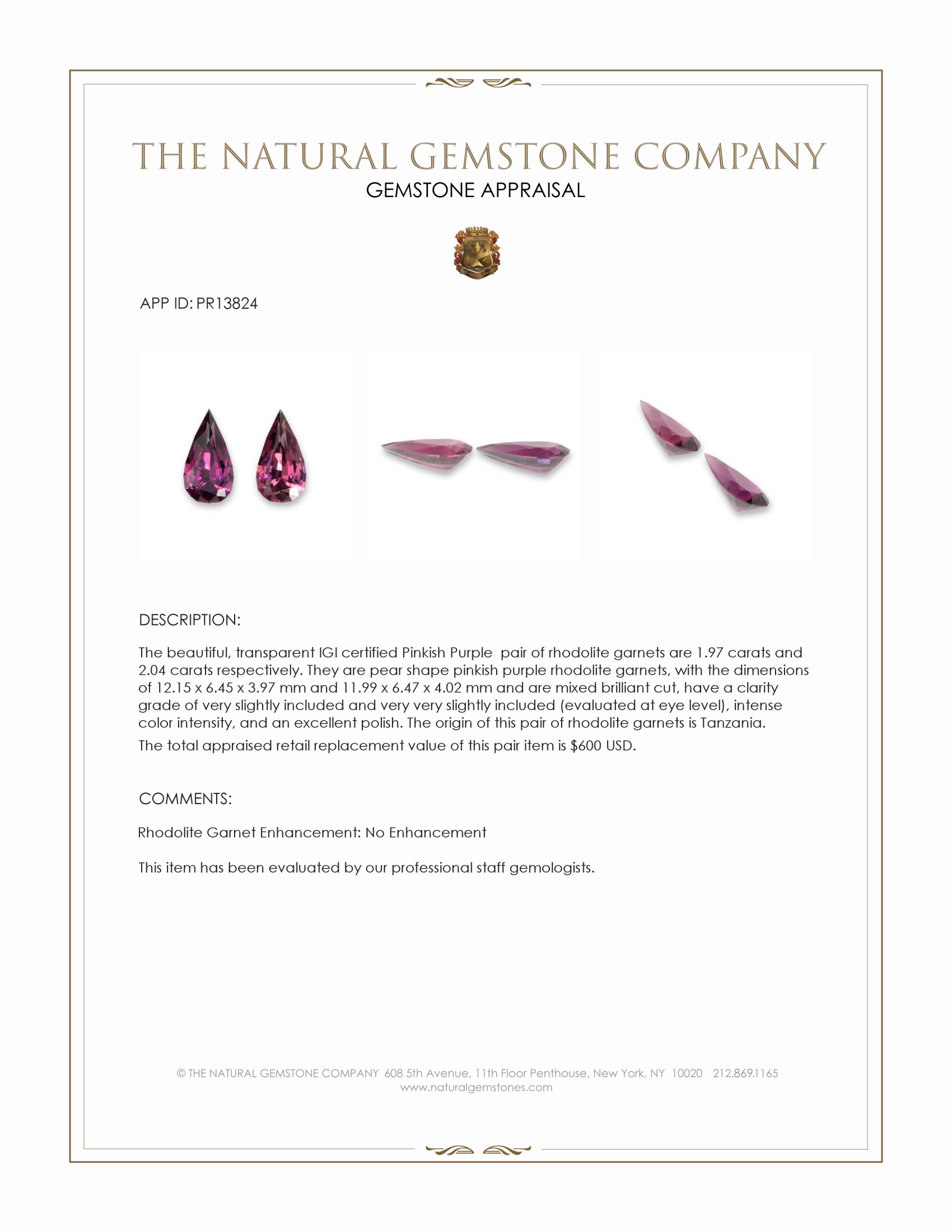 4.01 Ct.Tw. Pinkish Purple Rhodolite Garnet Pair from Tanzania