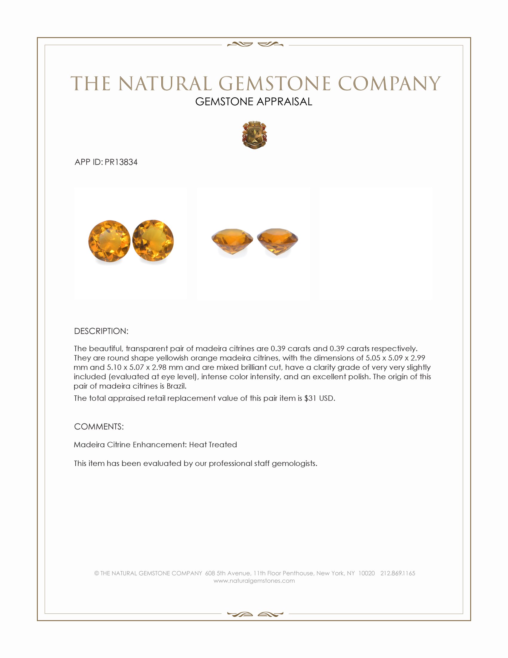 0.78 Ct.Tw. Yellowish Orange Madeira Citrine Pair from Brazil