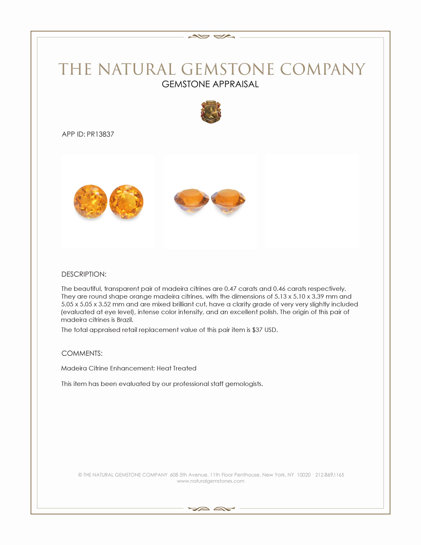0.93 Ct.Tw. Orange Madeira Citrine Pair from Brazil