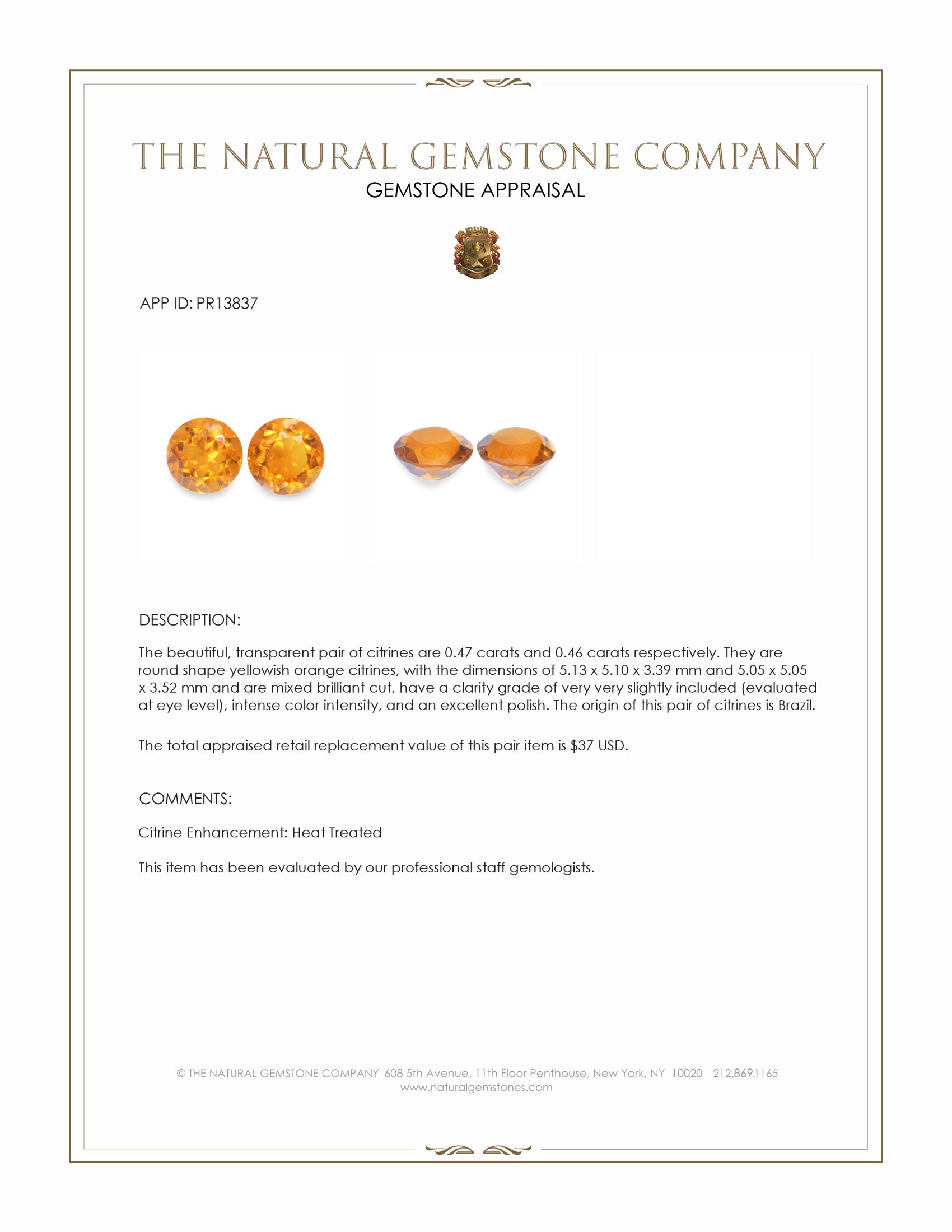 0.93 Ct.Tw. Yellowish Orange Citrine Pair from Brazil