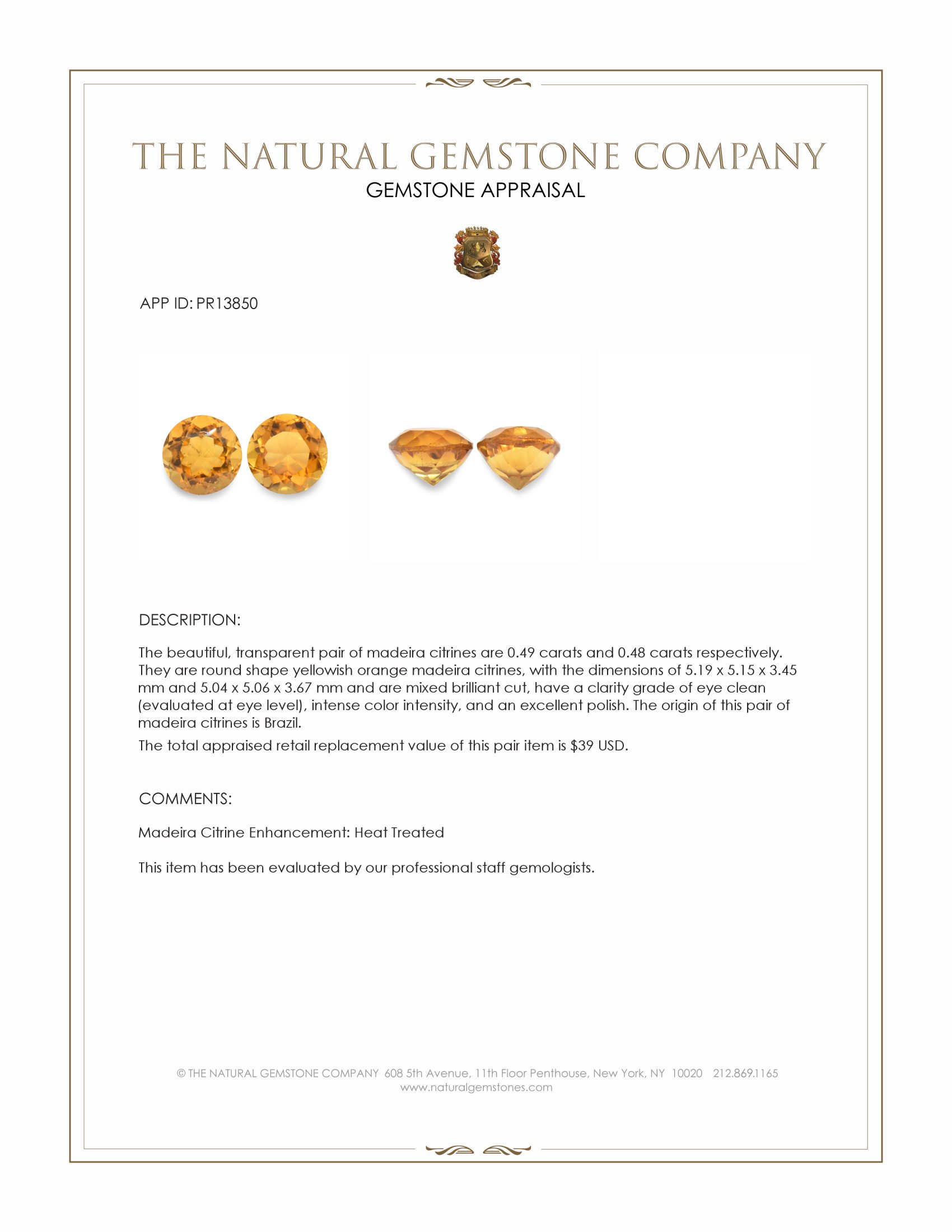 0.97 Ct.Tw. Madeira Citrine Pair from Brazil