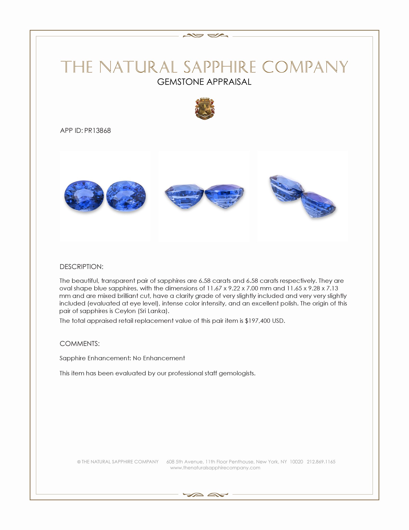 13.16 Ct.Tw. Blue Sapphire Pair from Ceylon (Sri Lanka)