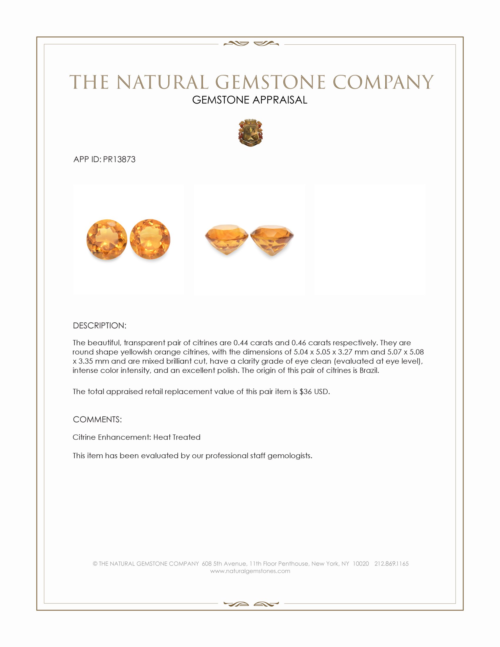 0.90 Ct.Tw. Yellowish Orange Citrine Pair from Brazil