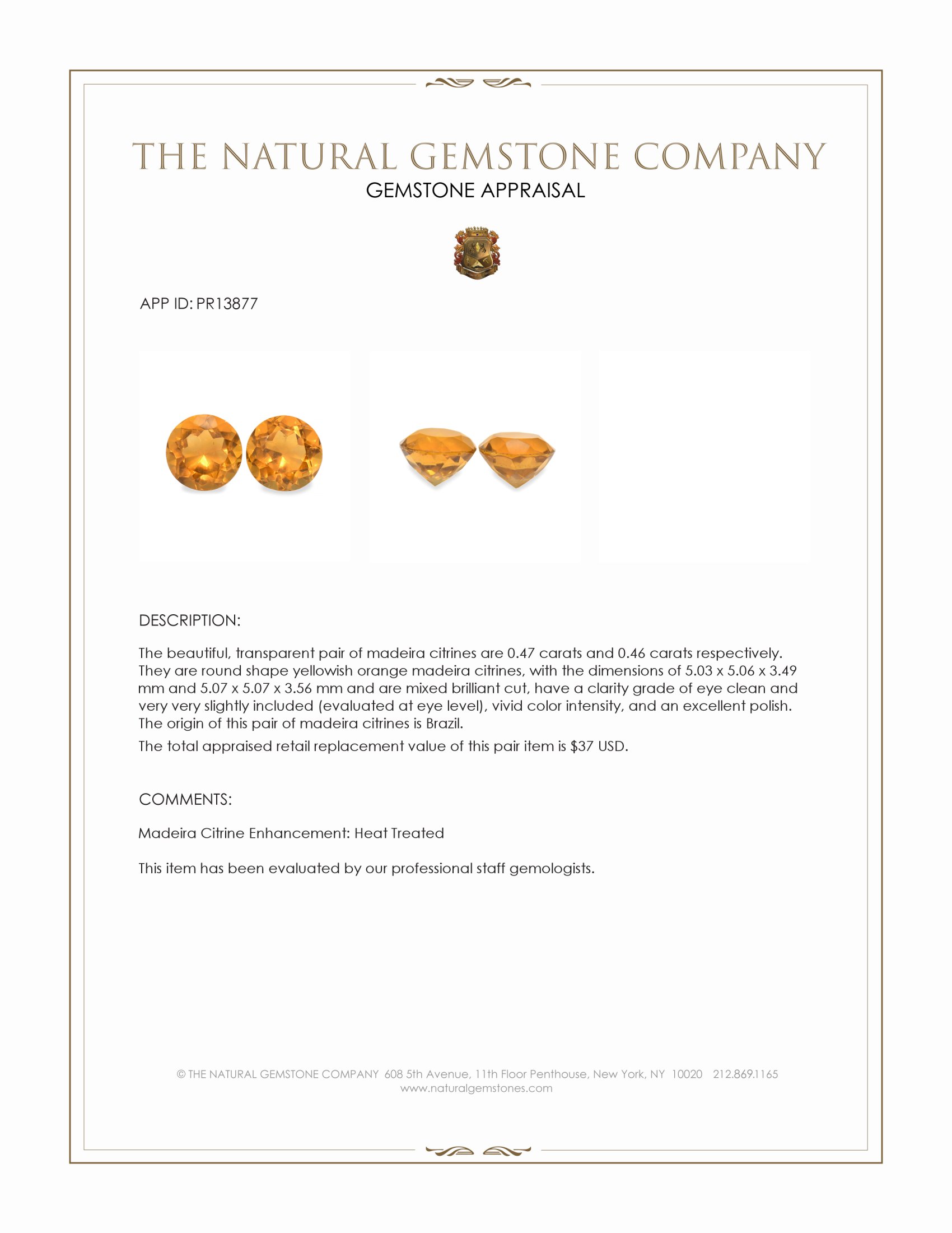 0.93 Ct.Tw. Yellowish Orange Madeira Citrine Pair from Brazil