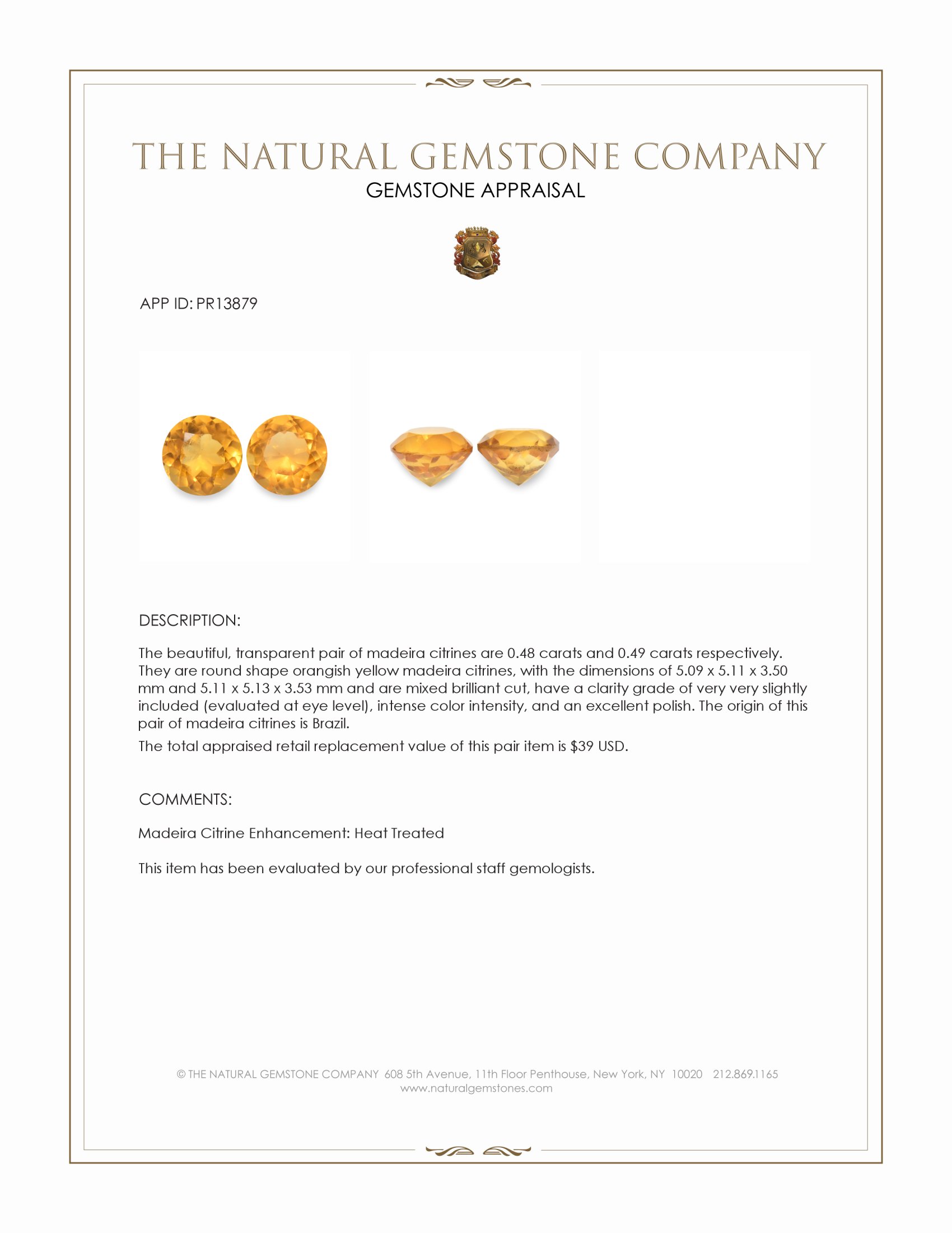 0.97 Ct.Tw. Orangish Yellow Madeira Citrine Pair from Brazil