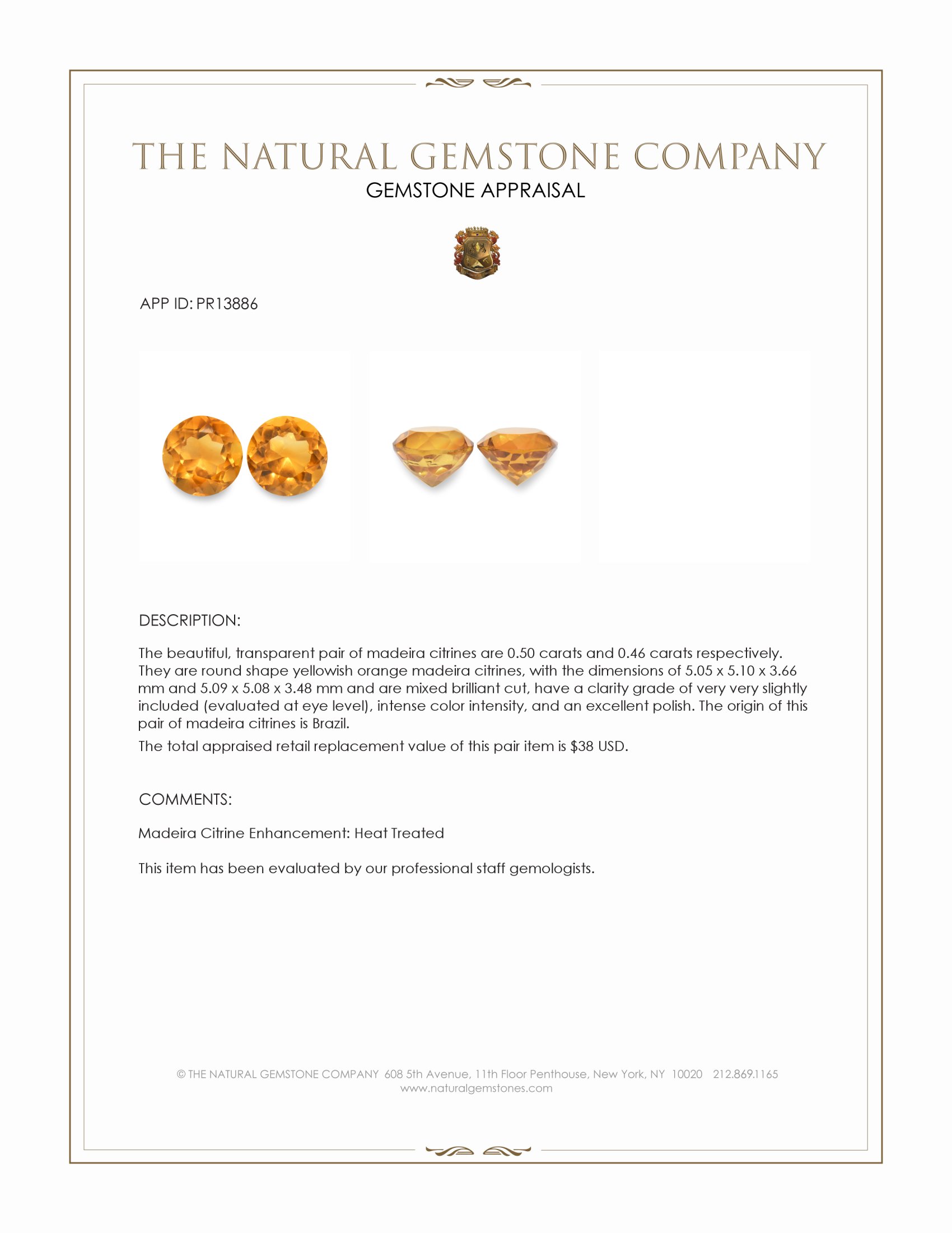 0.96 Ct.Tw. Yellowish Orange Madeira Citrine Pair from Brazil