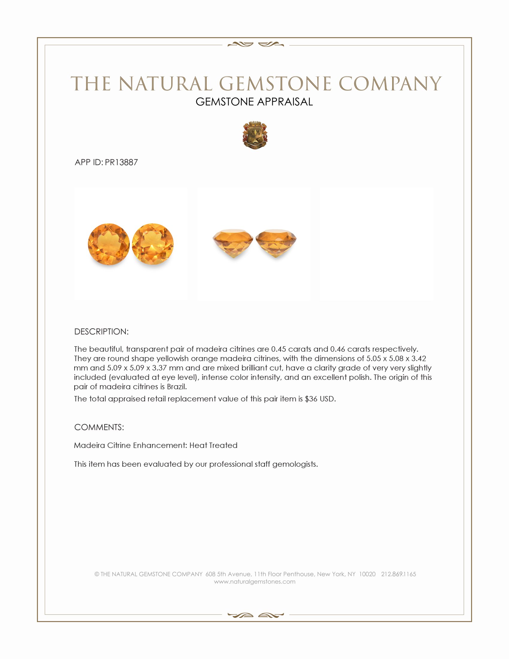 0.91 Ct.Tw. Yellowish Orange Madeira Citrine Pair from Brazil