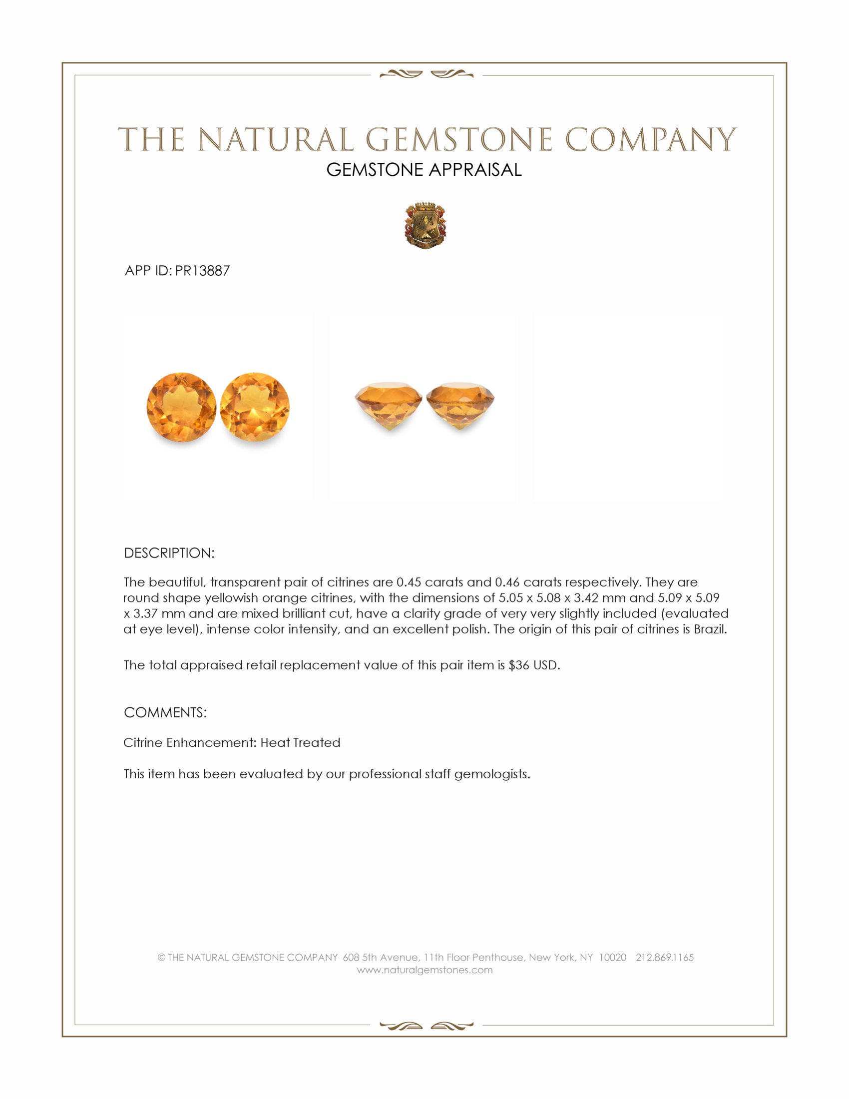 0.91 Ct.Tw. Yellowish Orange Citrine Pair from Brazil