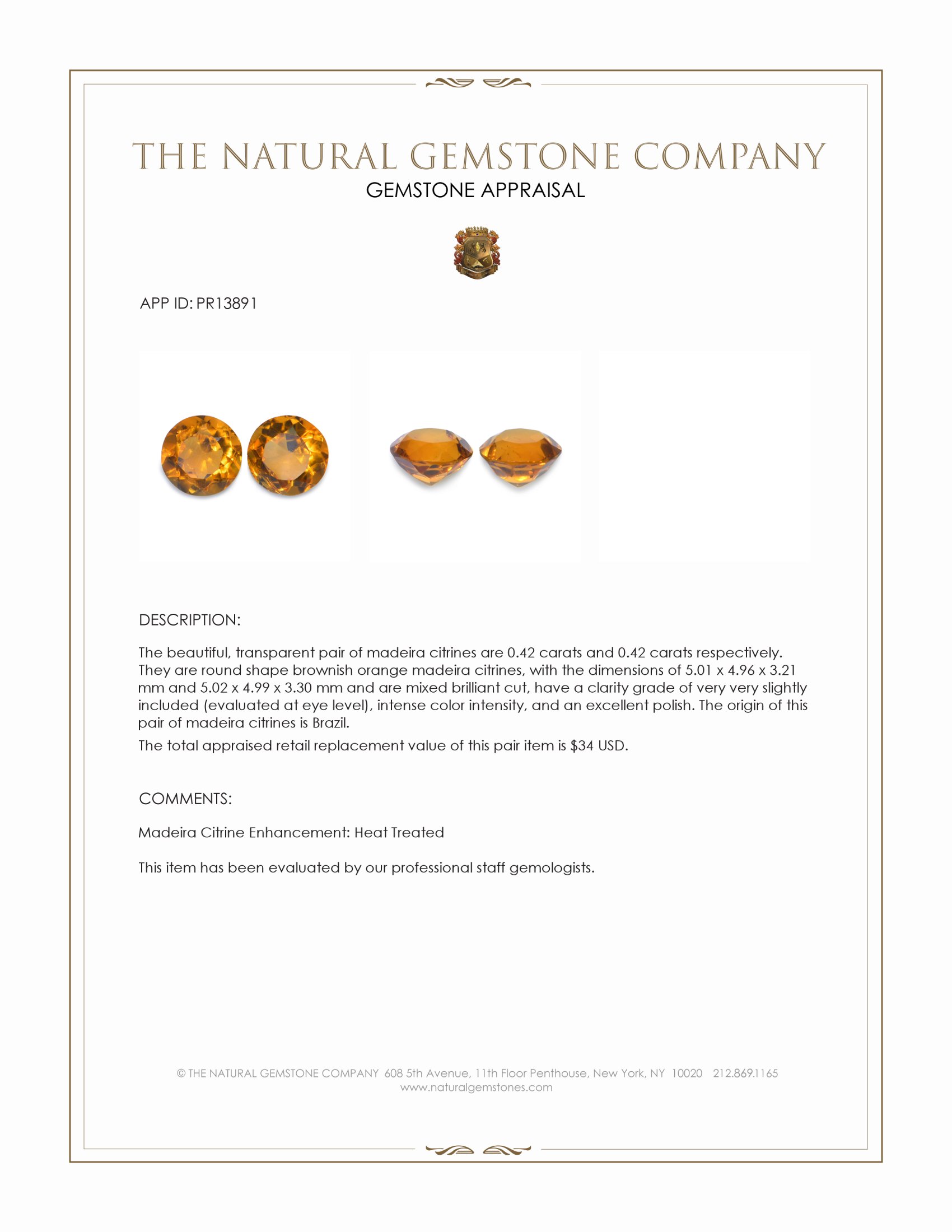 0.84 Ct.Tw. Brownish Orange Madeira Citrine Pair from Brazil