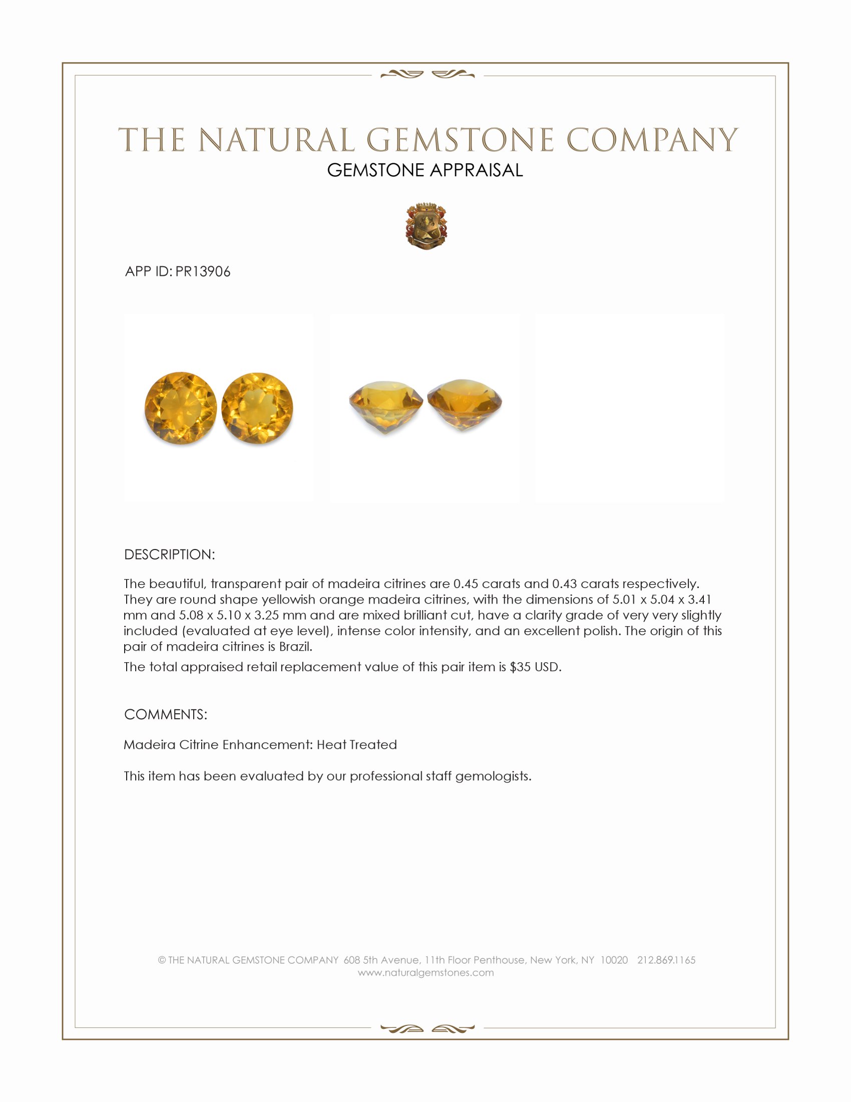 0.88 Ct.Tw. Yellowish Orange Madeira Citrine Pair from Brazil