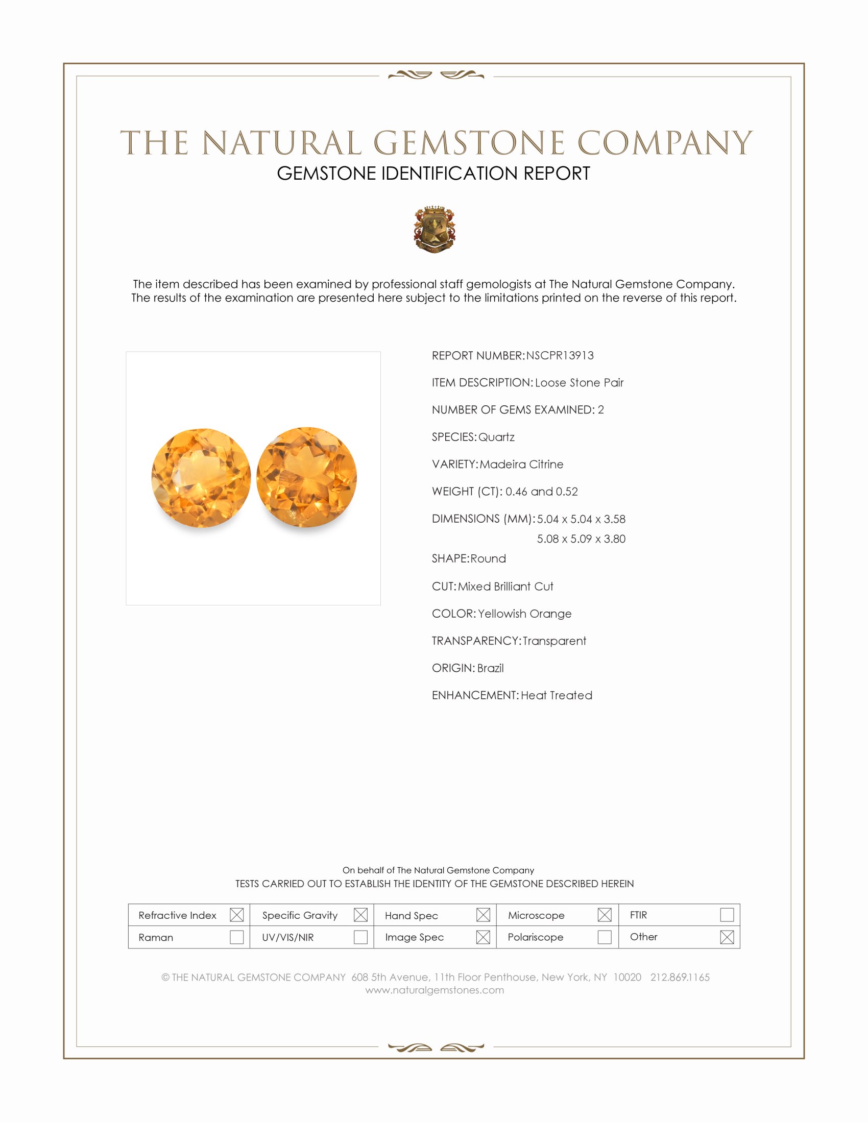 0.98 Ct.Tw. Yellowish Orange Madeira Citrine Pair from Brazil