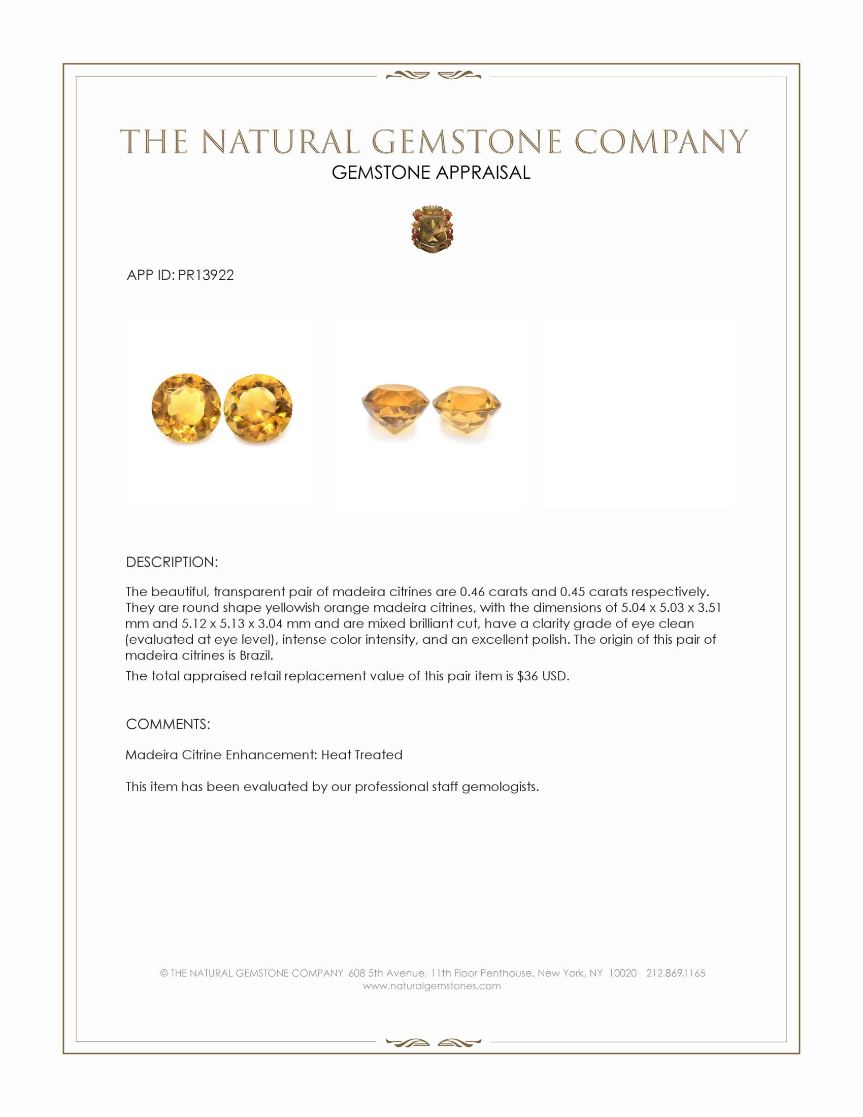 0.91 Ct.Tw. Yellowish Orange Madeira Citrine Pair from Brazil
