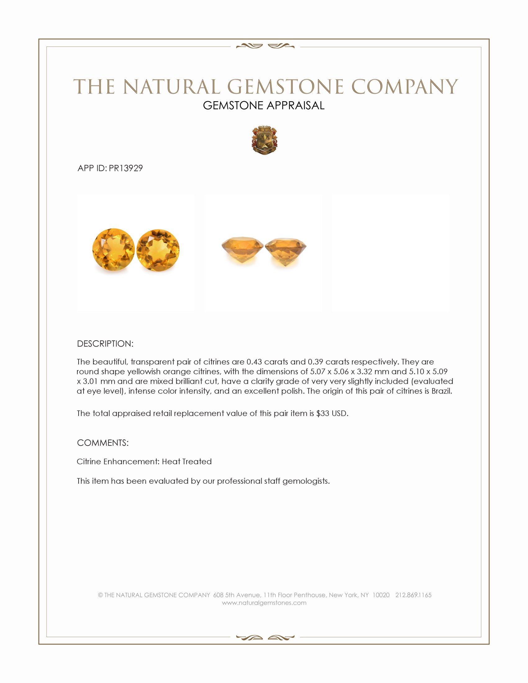 0.82 Ct.Tw. Yellowish Orange Citrine Pair from Brazil