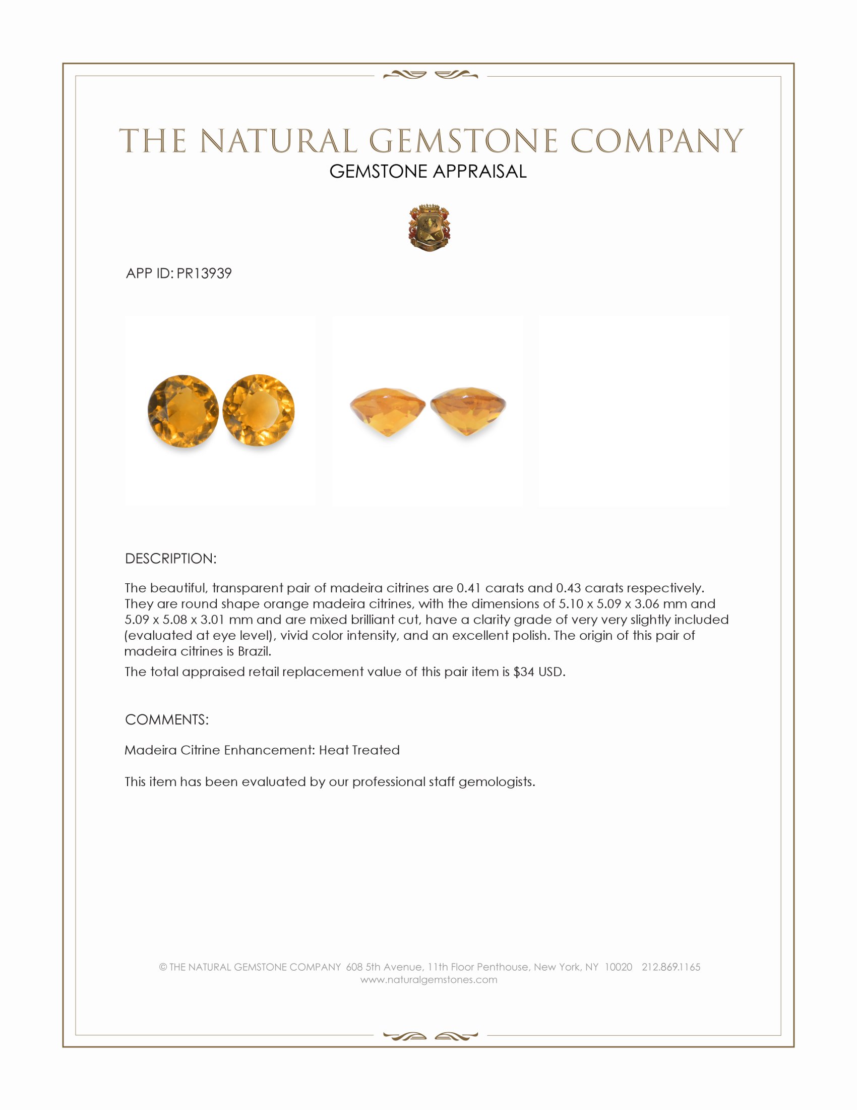 0.84 Ct.Tw. Orange Madeira Citrine Pair from Brazil