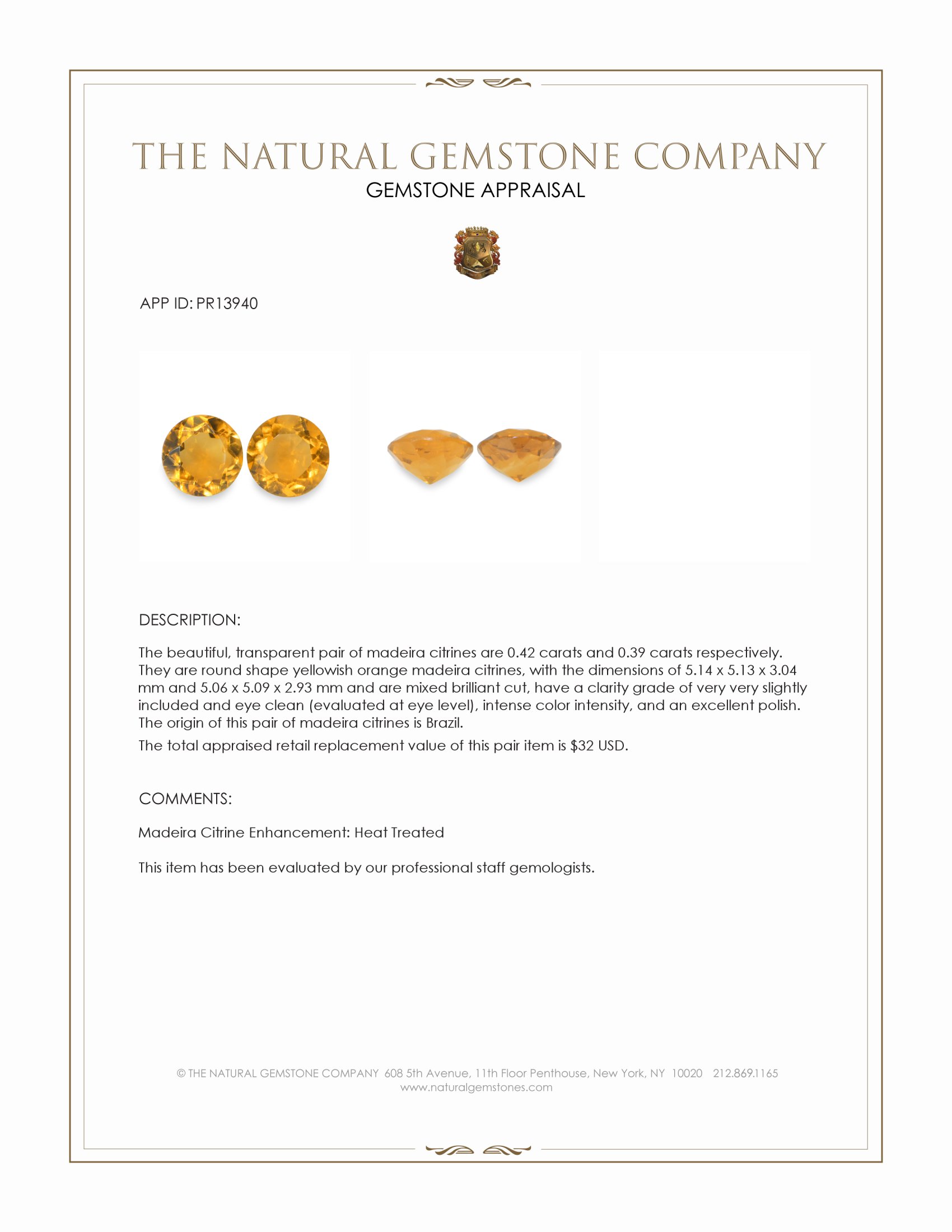 0.81 Ct.Tw. Yellowish Orange Madeira Citrine Pair from Brazil