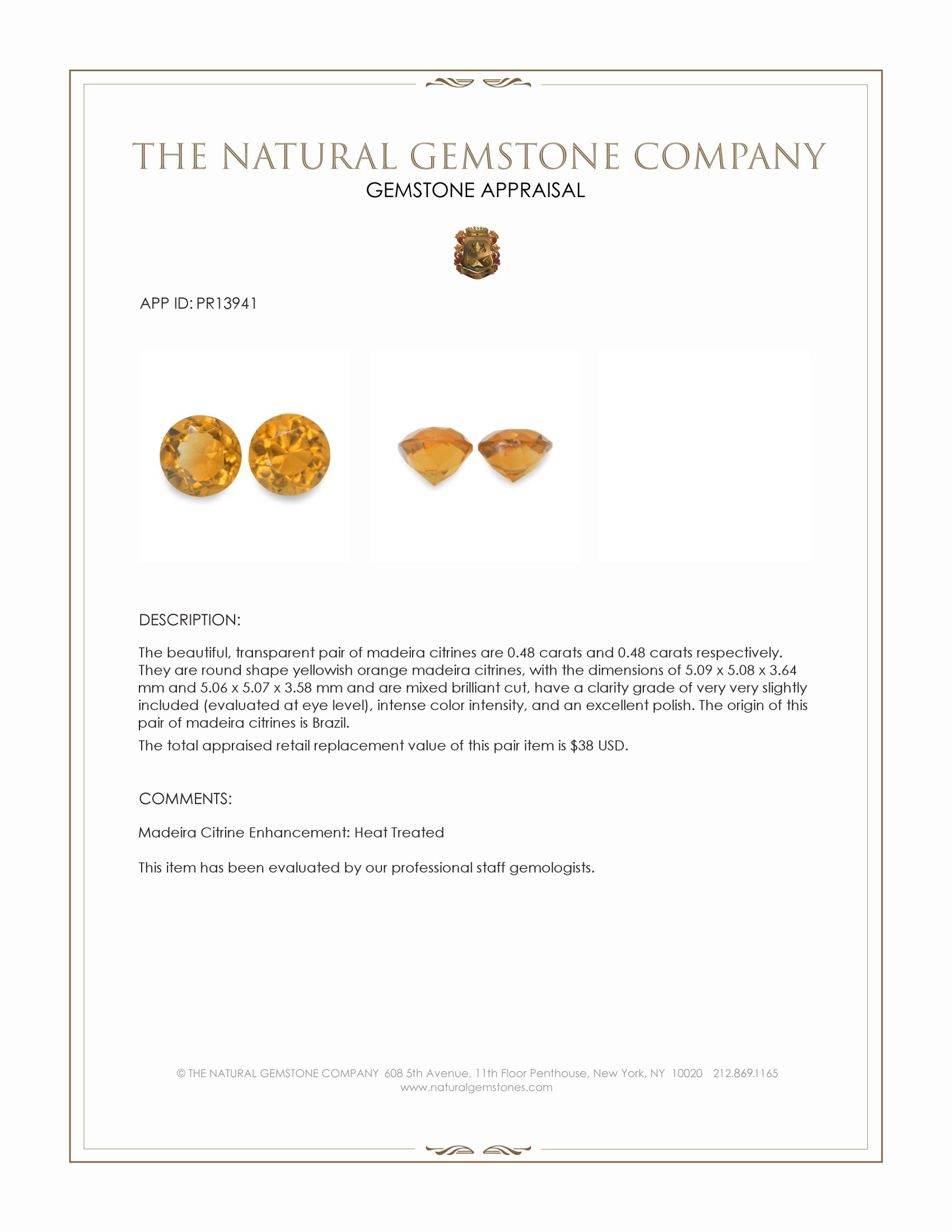0.96 Ct.Tw. Yellowish Orange Madeira Citrine Pair from Brazil