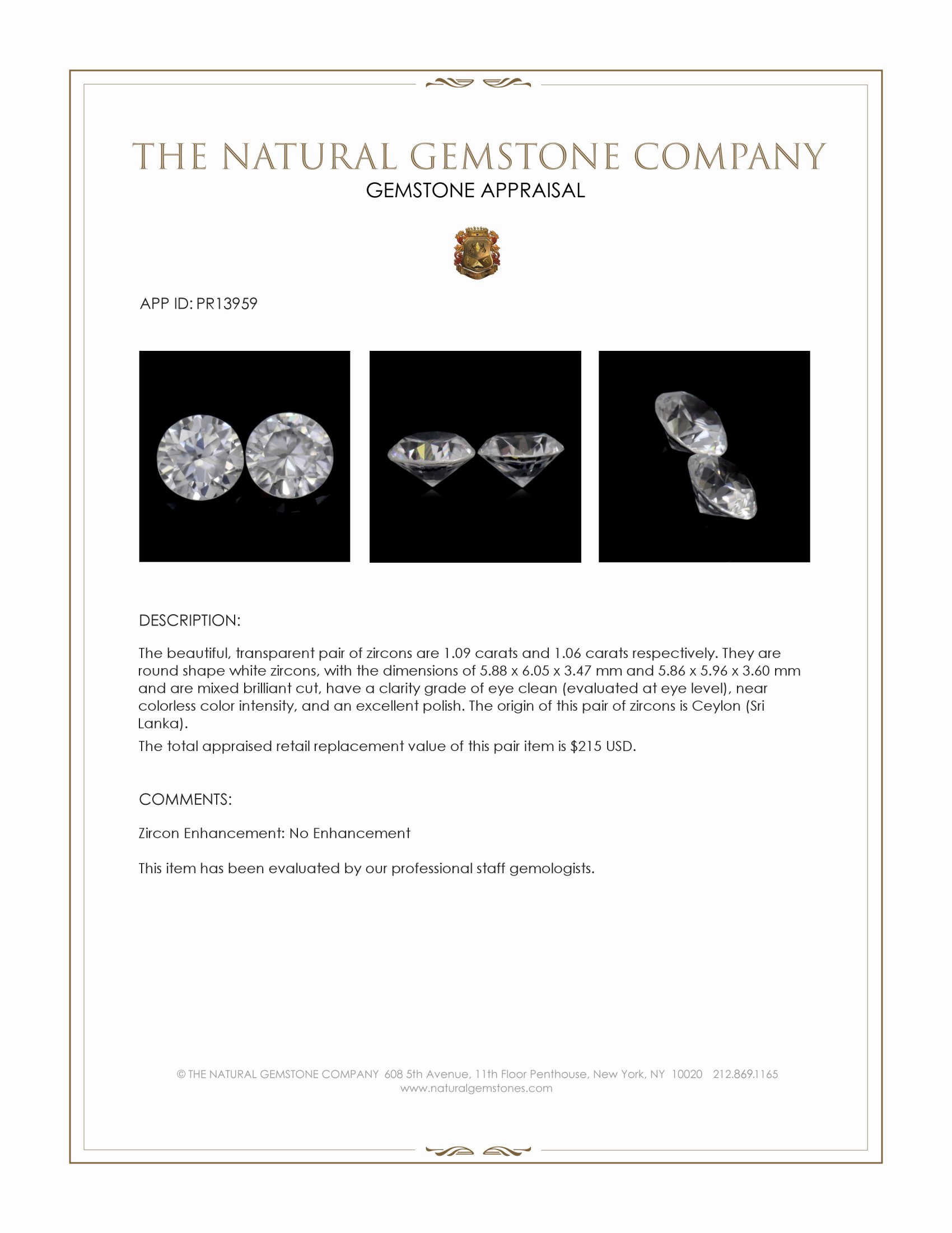 2.15 Ct.Tw. White Zircon Pair from Ceylon (Sri Lanka)