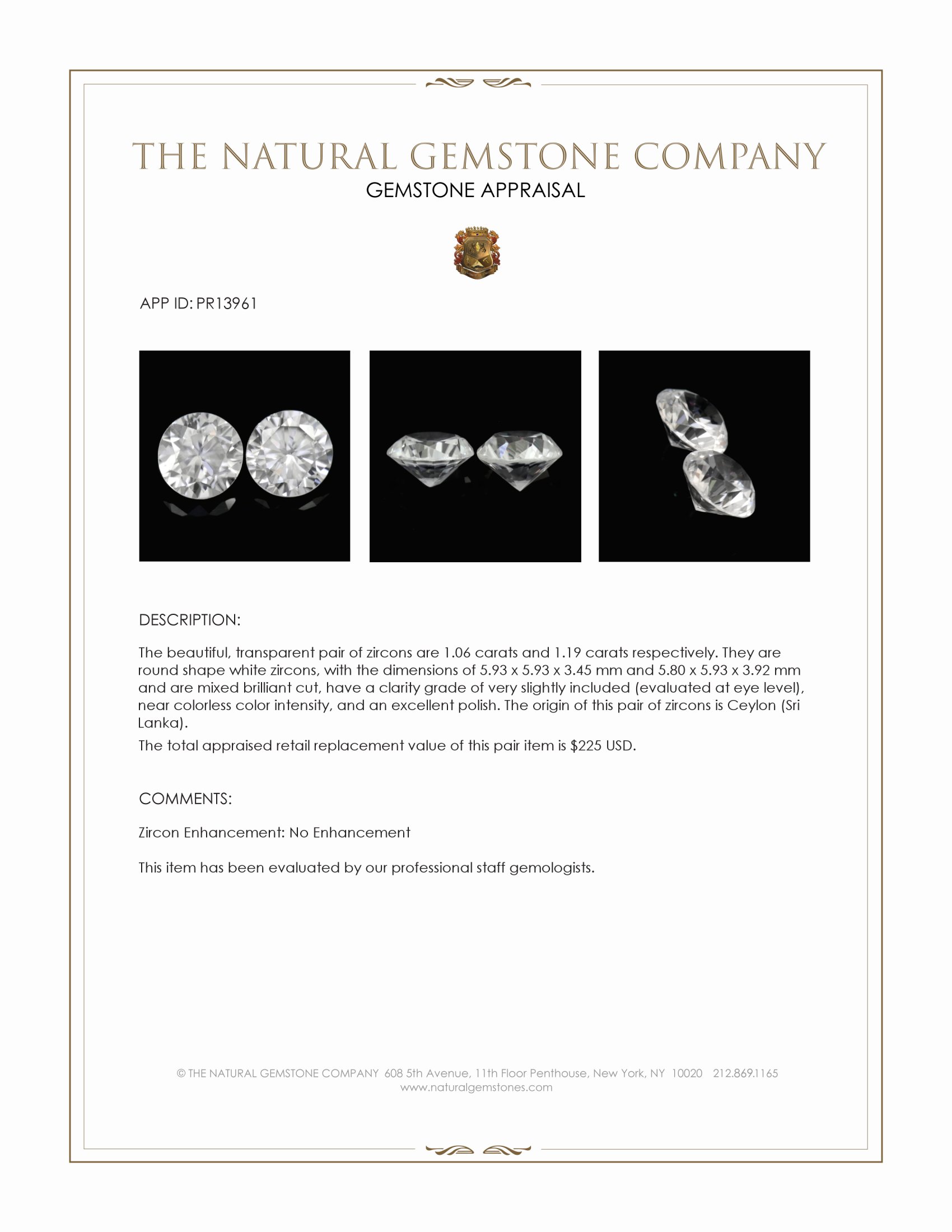 2.25 Ct.Tw. White Zircon Pair from Ceylon (Sri Lanka)