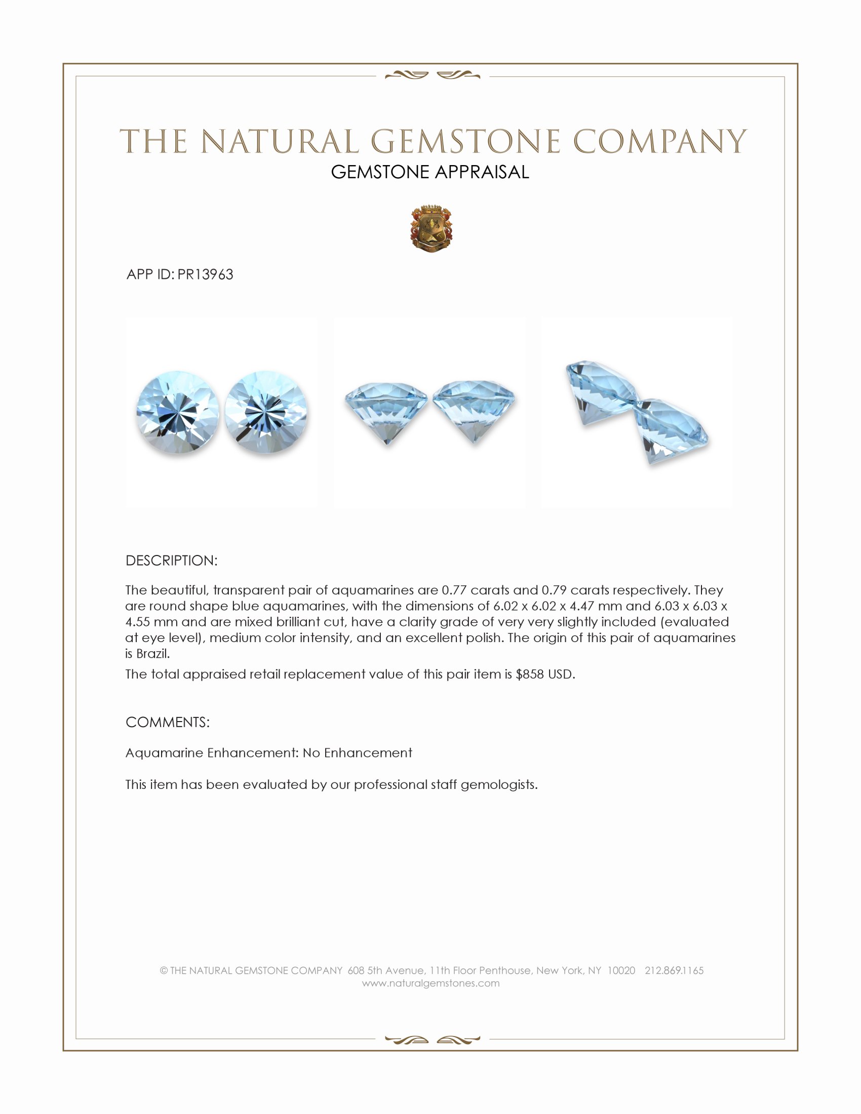 1.56 Ct.Tw. Blue Aquamarine Pair from Brazil