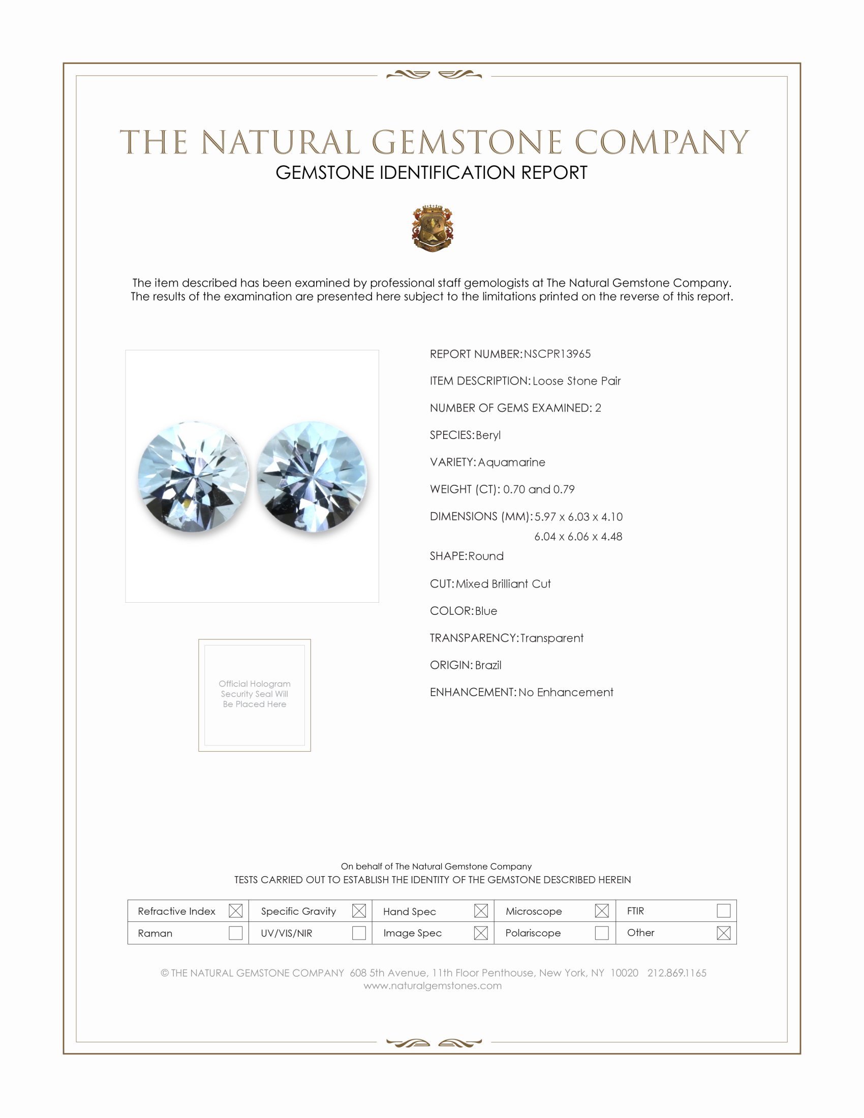 1.49 Ct.Tw. Blue Aquamarine Pair from Brazil