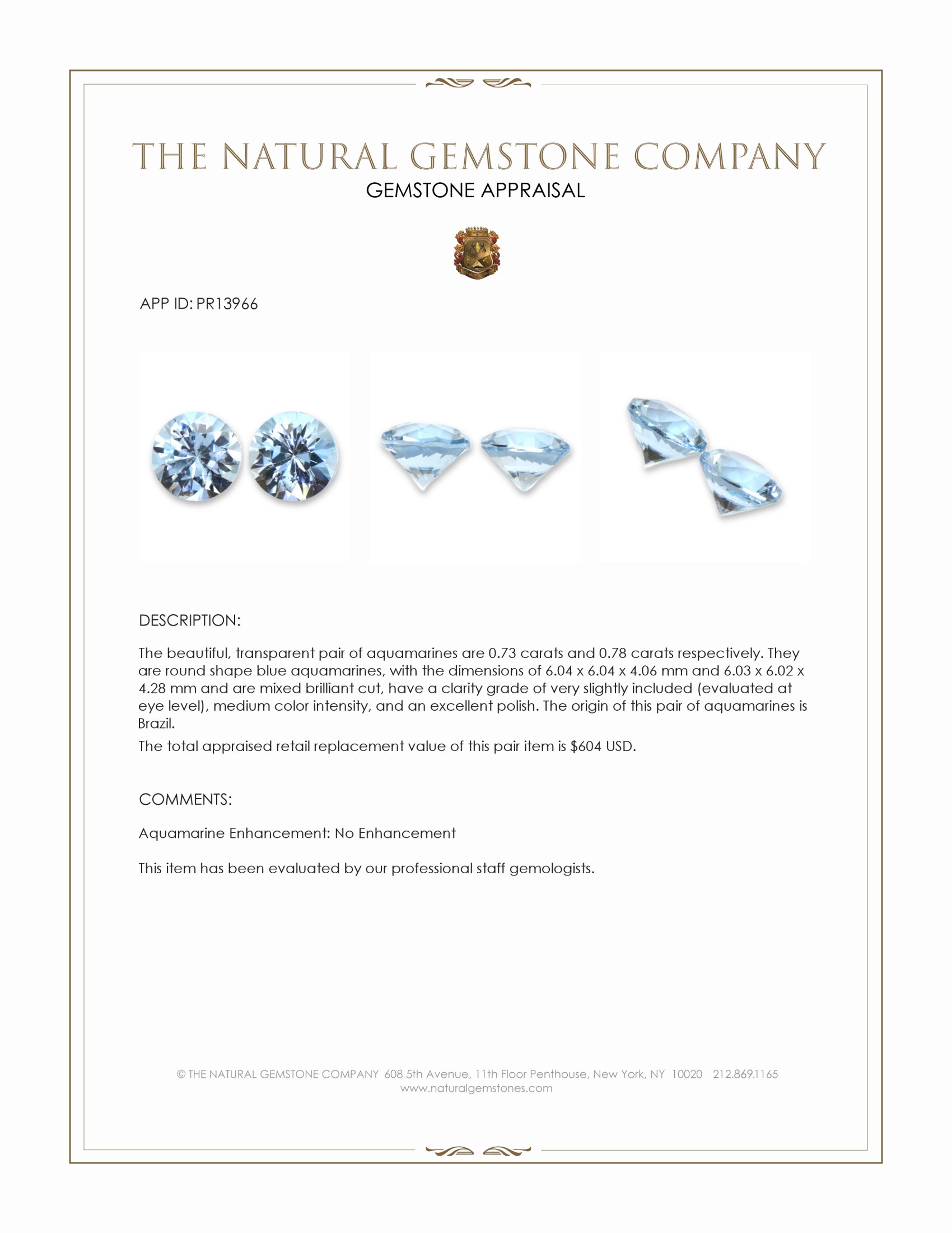 1.51 Ct.Tw. Blue Aquamarine Pair from Brazil