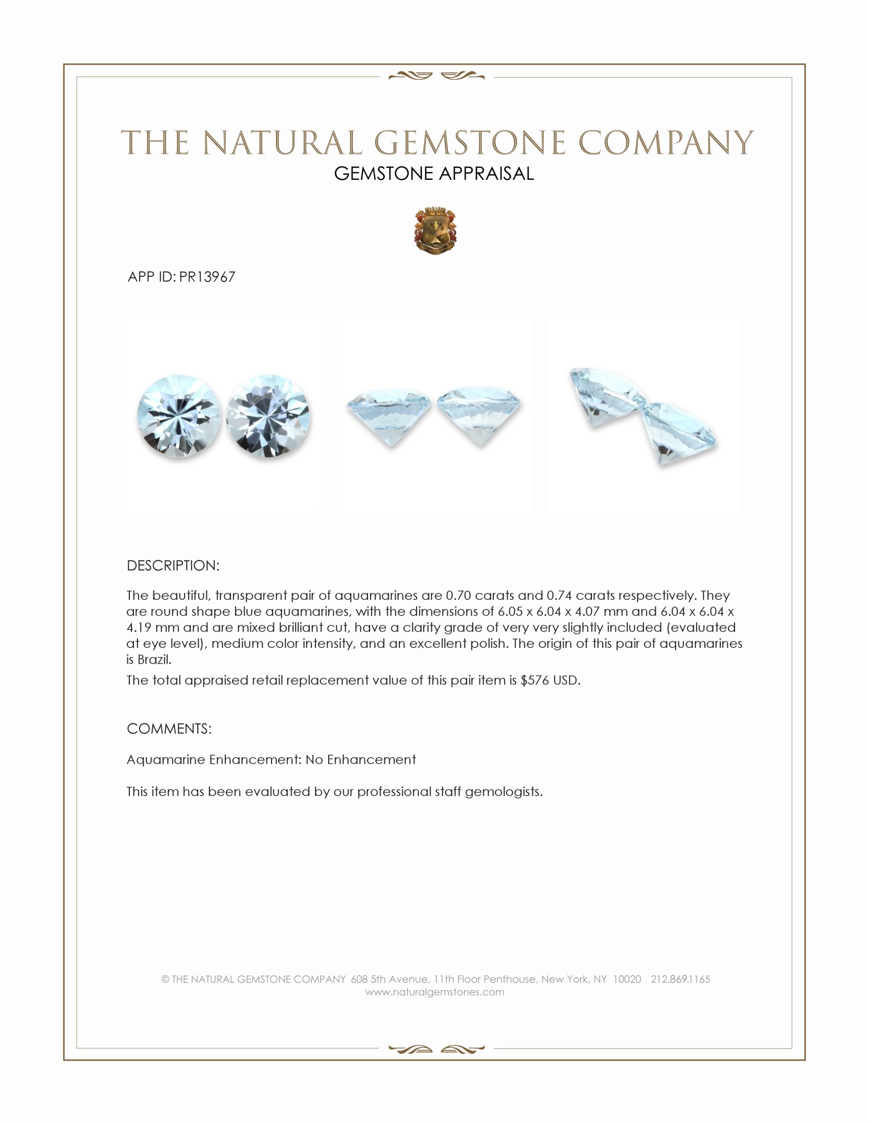 1.44 Ct.Tw. Blue Aquamarine Pair from Brazil