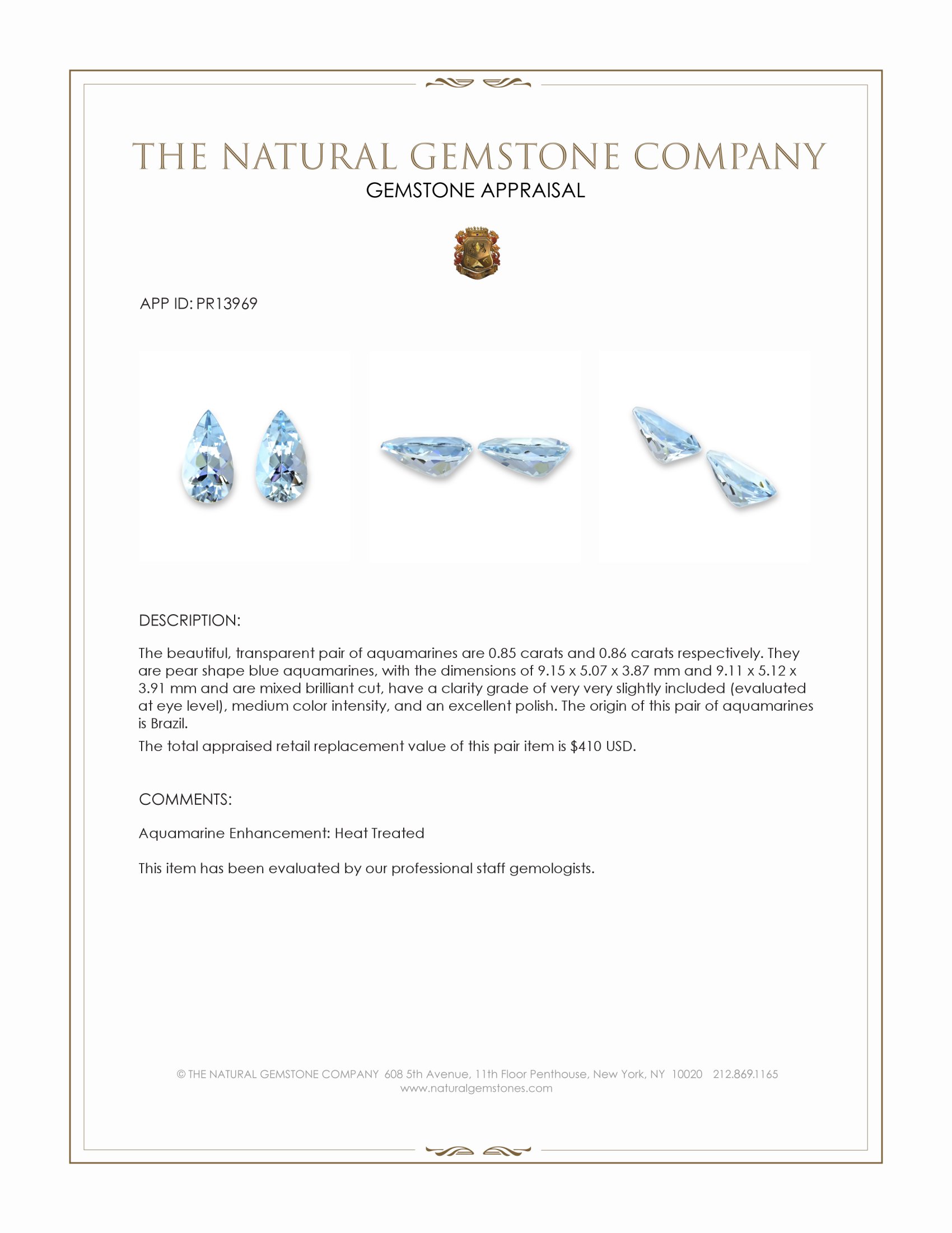 1.71 Ct.Tw. Blue Aquamarine Pair from Brazil