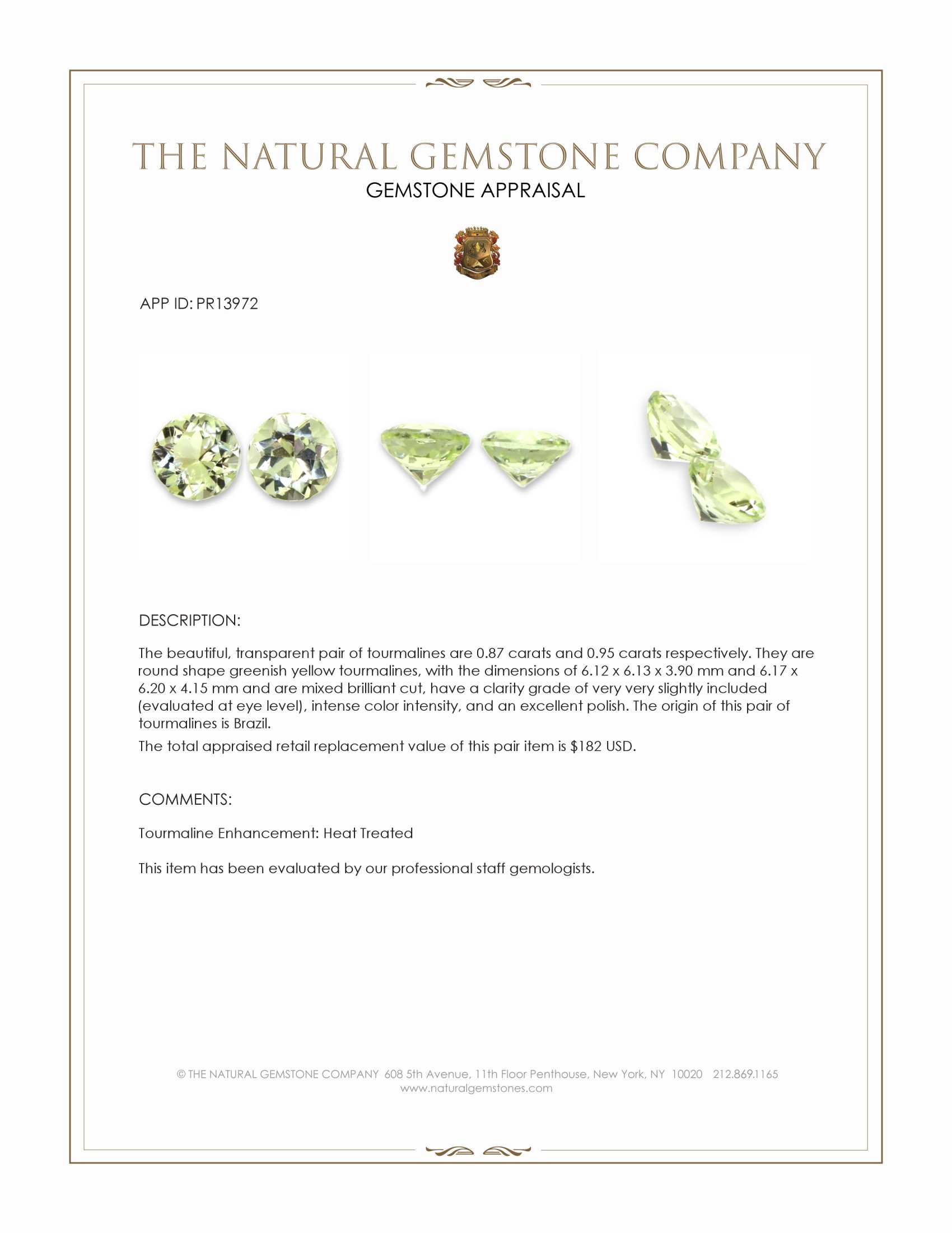 1.82 Ct.Tw. Greenish Yellow Tourmaline Pair from Brazil